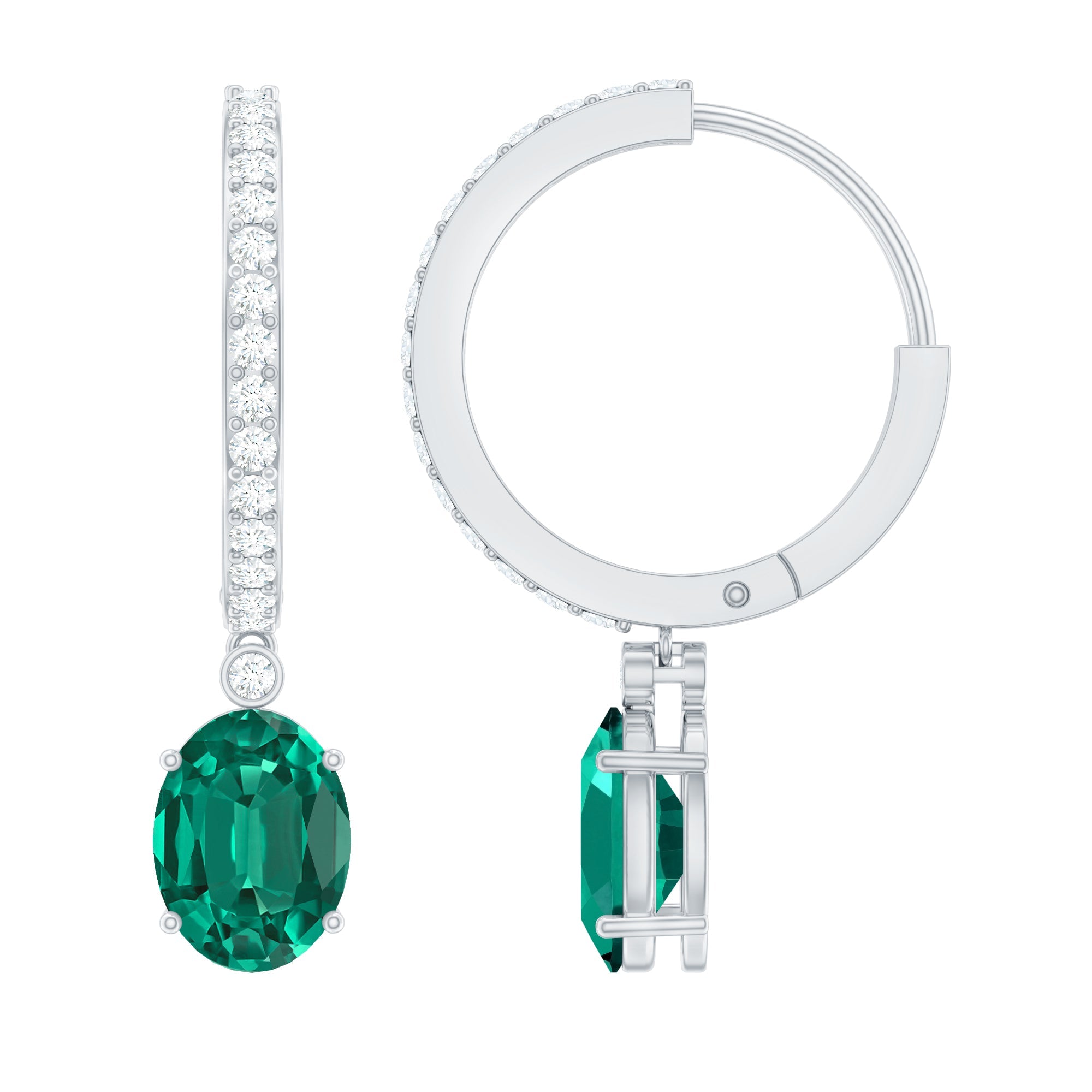 Lab Grown Emerald Earrings - Oval Cut Emerald Drop & Diamond Hoop Design
