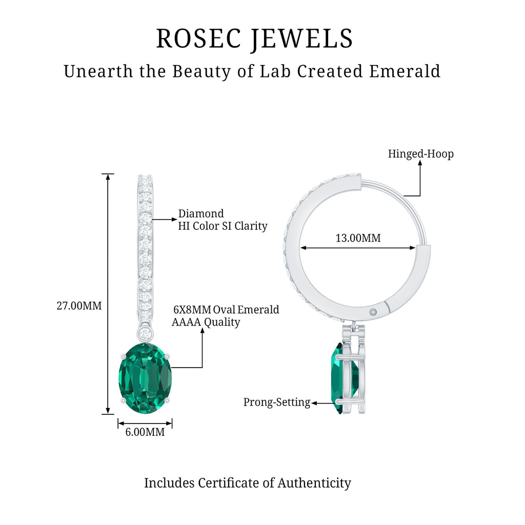 Lab Grown Emerald Earrings - Oval Cut Emerald Drop & Diamond Hoop Design