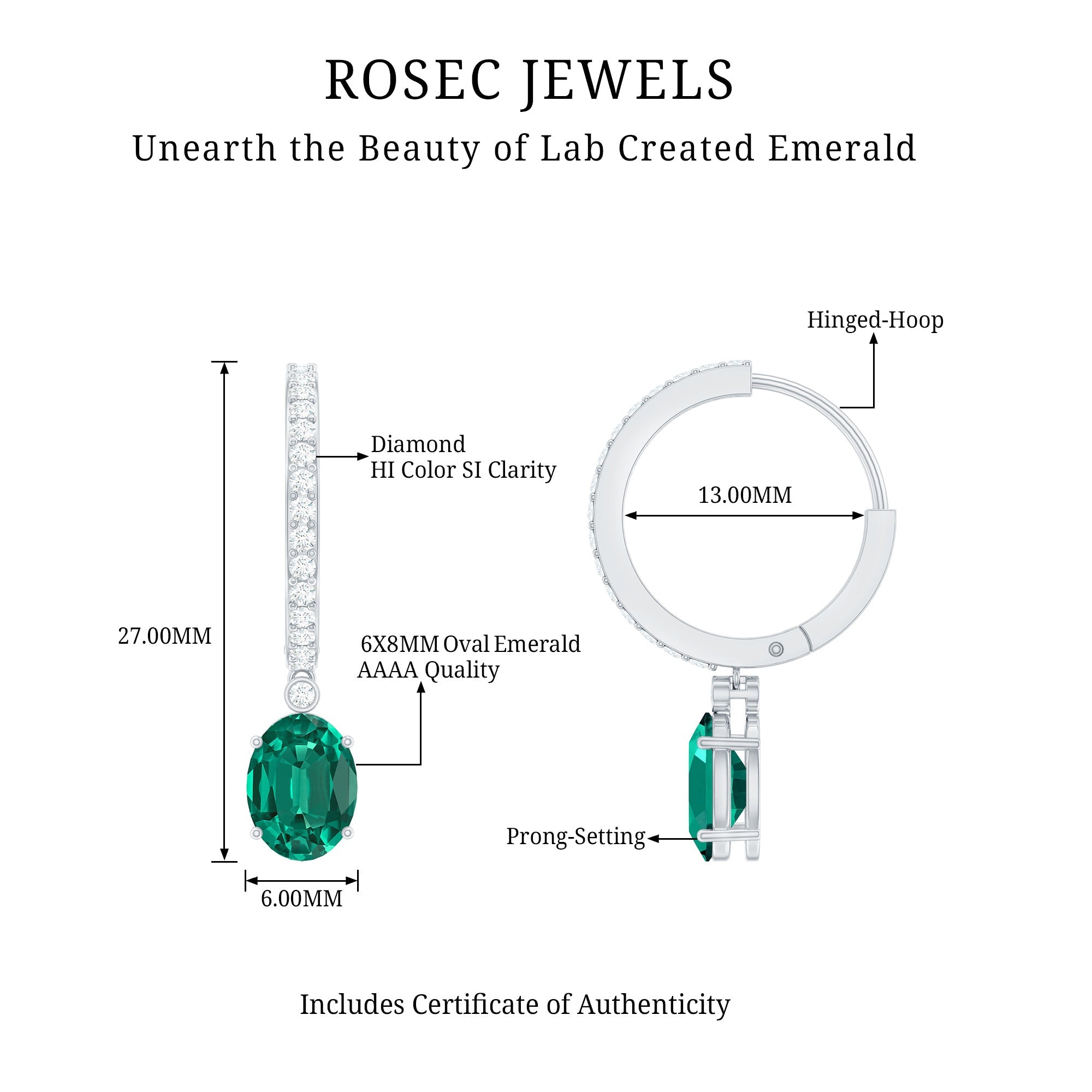 Lab Grown Emerald Earrings - Oval Cut Emerald Drop & Diamond Hoop Design
