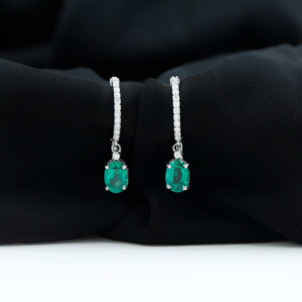 Lab Grown Emerald Earrings - Oval Cut Emerald Drop & Diamond Hoop Design
