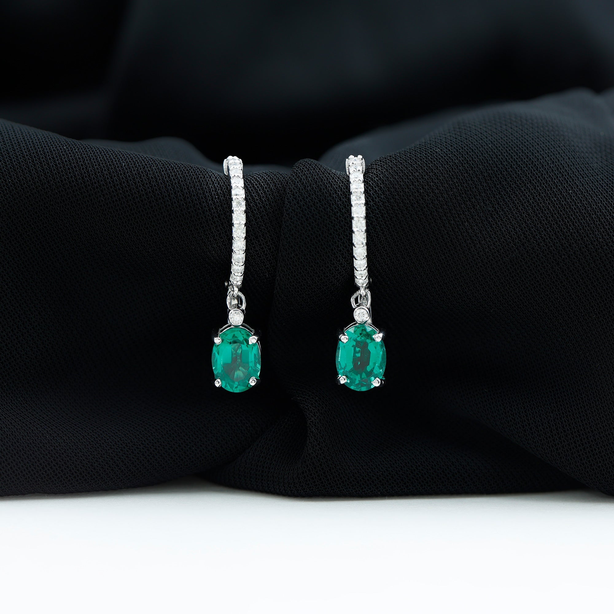Lab Grown Emerald Earrings - Oval Cut Emerald Drop & Diamond Hoop Design