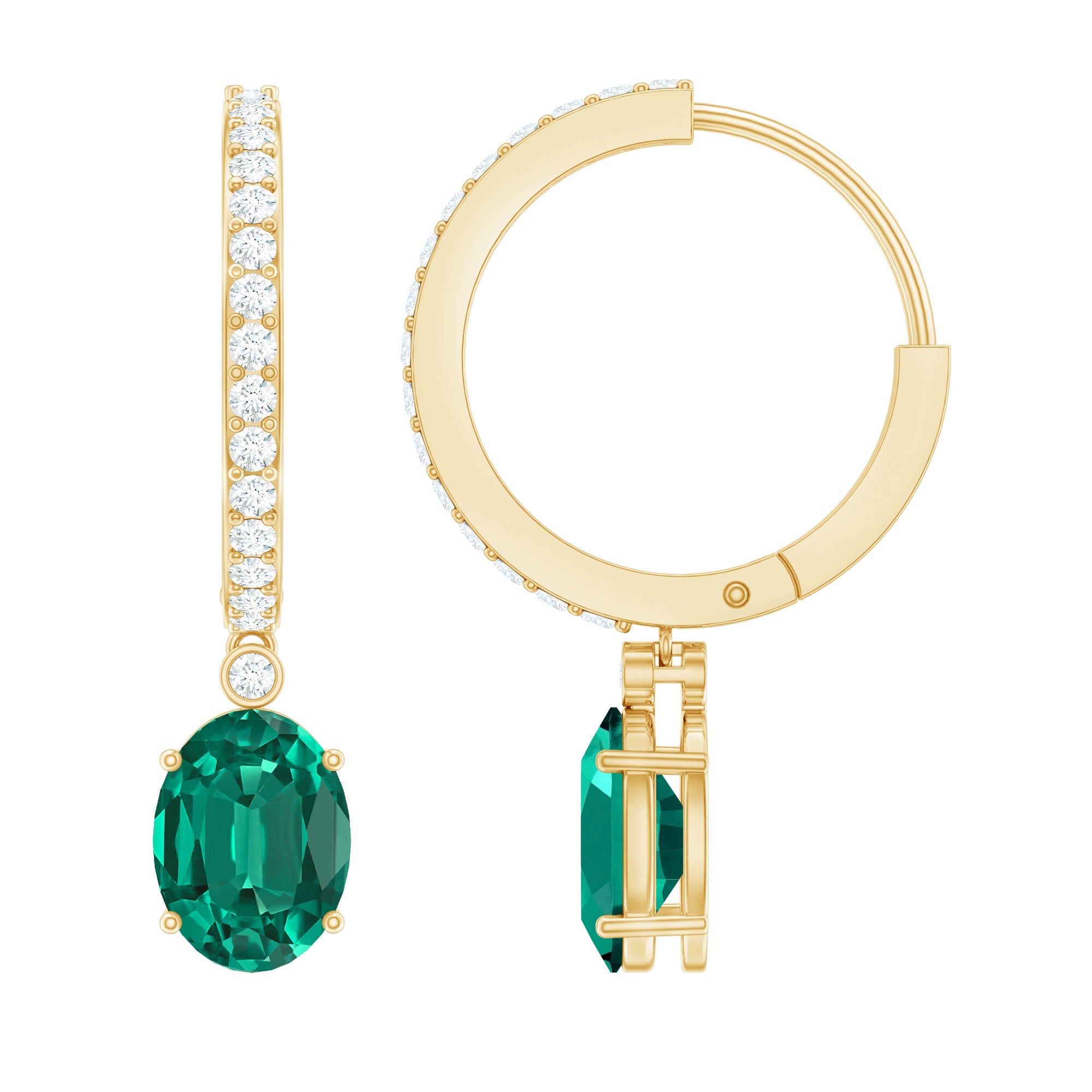 Lab Grown Emerald Earrings - Oval Cut Emerald Drop & Diamond Hoop Design