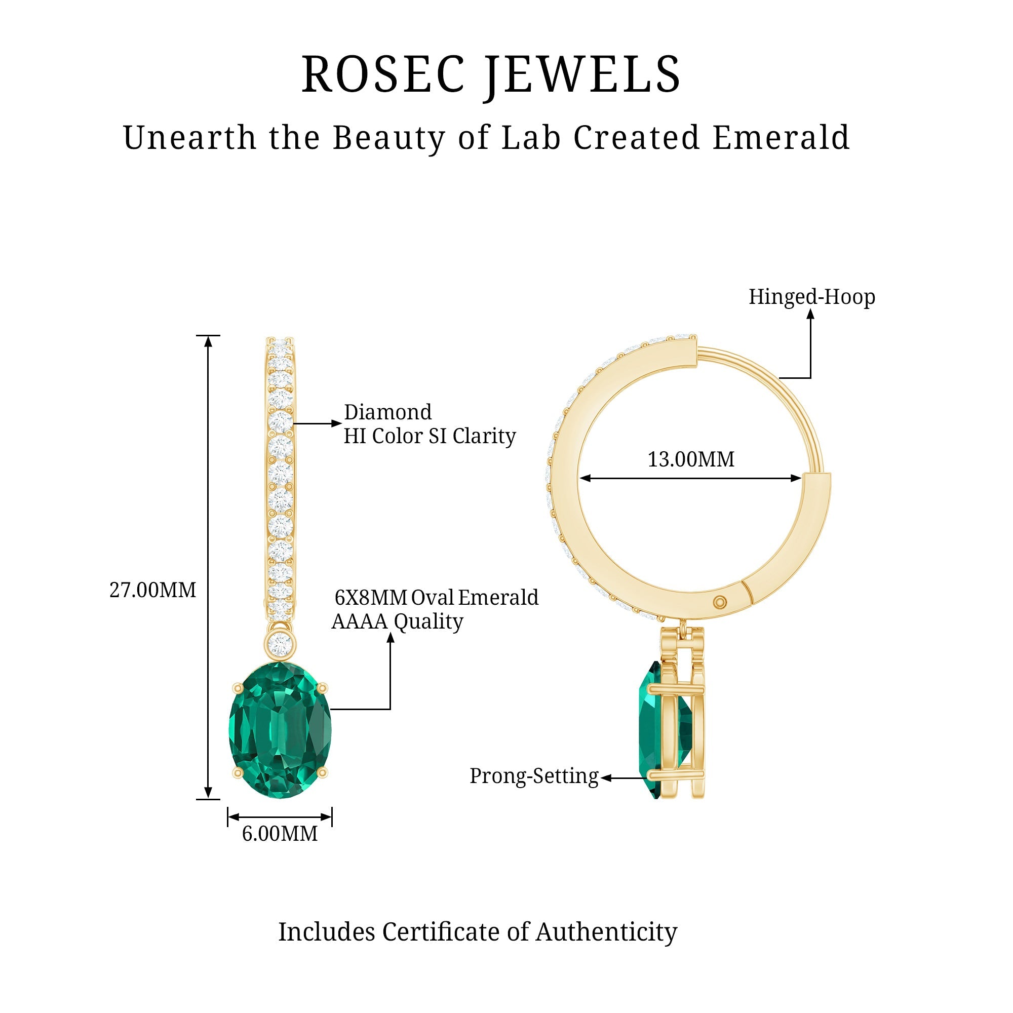 Lab Grown Emerald Earrings - Oval Cut Emerald Drop & Diamond Hoop Design