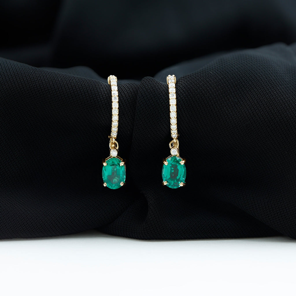 Lab Grown Emerald Earrings - Oval Cut Emerald Drop & Diamond Hoop Design