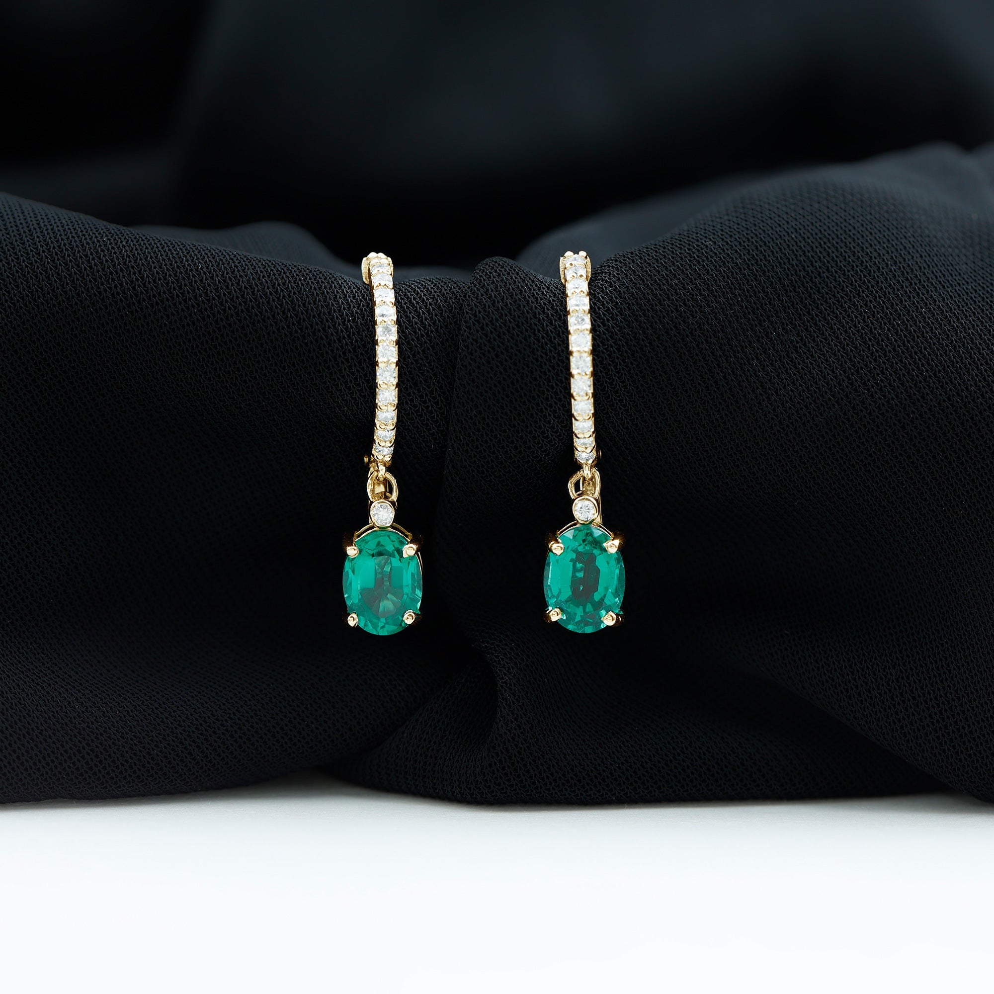 Lab Grown Emerald Earrings - Oval Cut Emerald Drop & Diamond Hoop Design