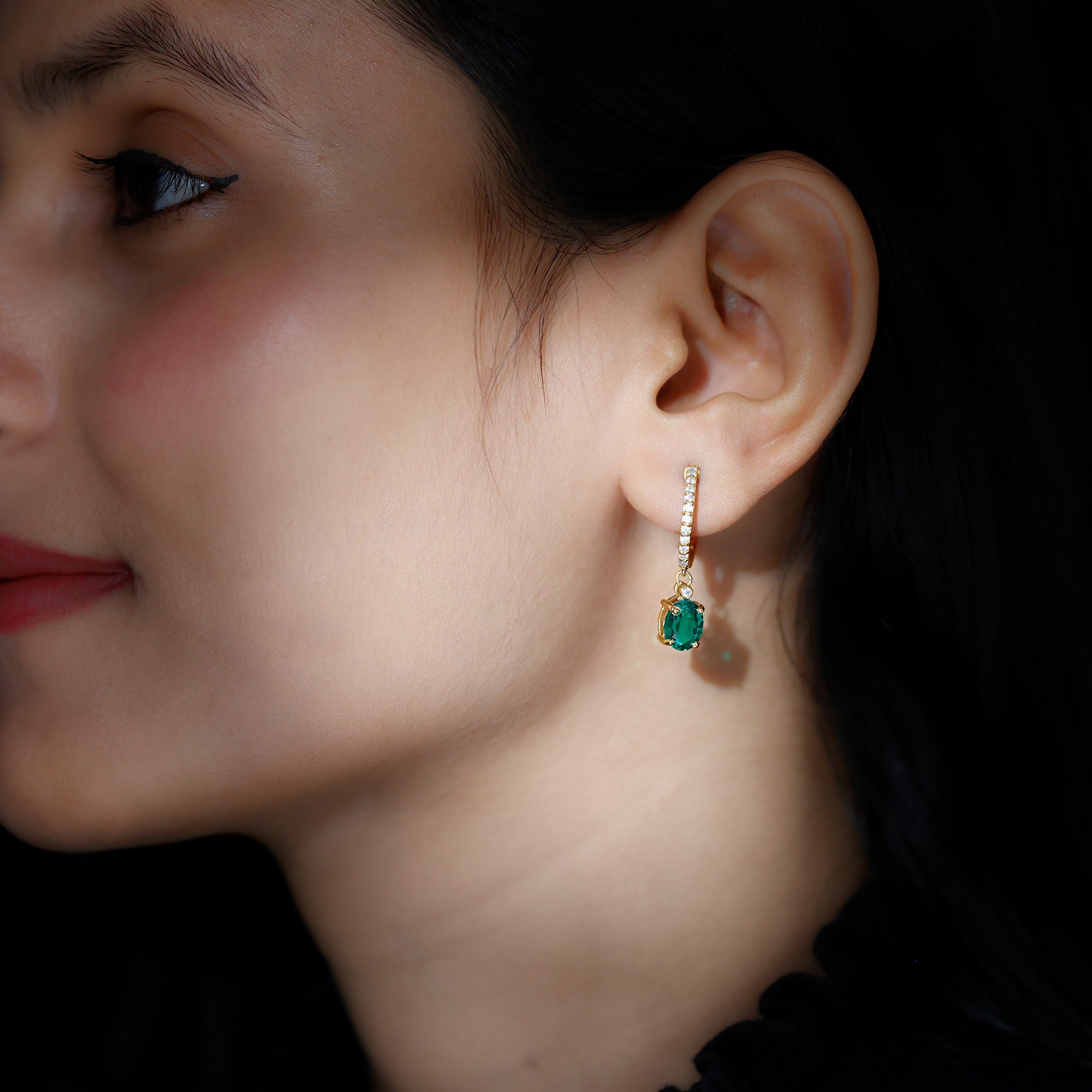 Lab Grown Emerald Earrings - Oval Cut Emerald Drop & Diamond Hoop Design
