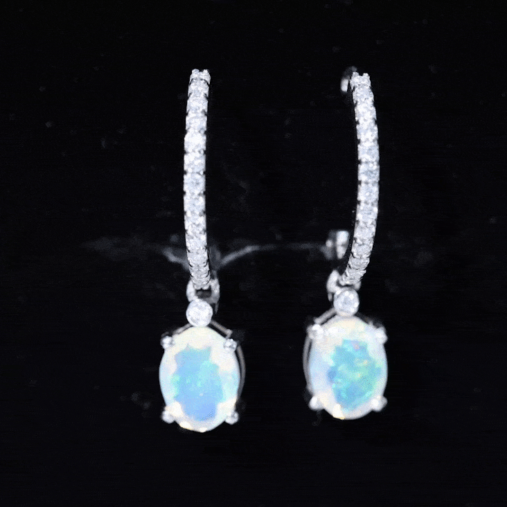 Ethiopian Opal Earrings – Oval Opal Drop Earrings with Sparkling Moissanite Hoops