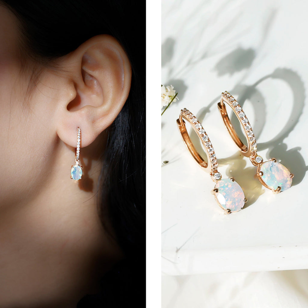 Ethiopian Opal Earrings – Oval Opal Drop Earrings with Sparkling Moissanite Hoops