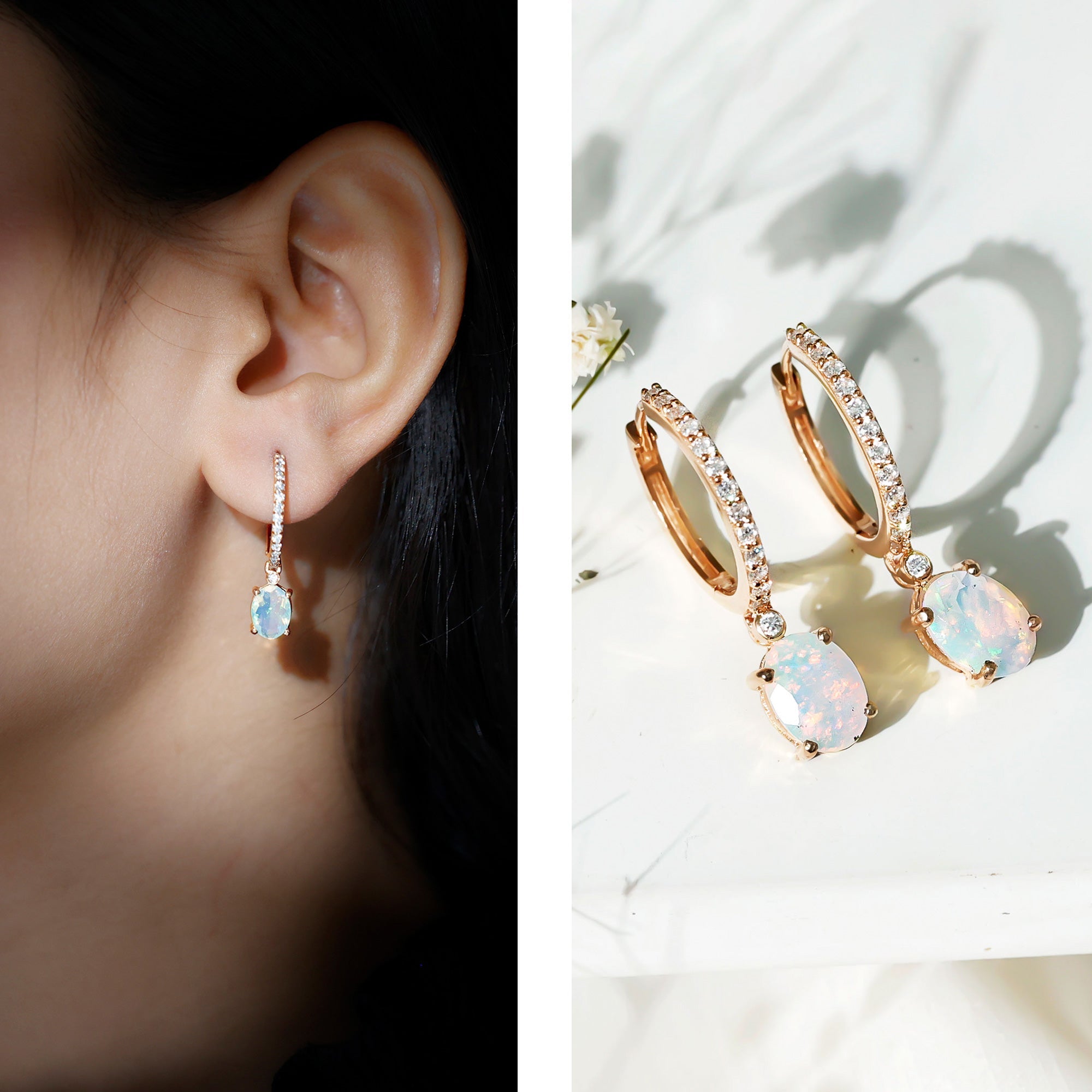 Ethiopian Opal Earrings – Oval Opal Drop Earrings with Sparkling Moissanite Hoops