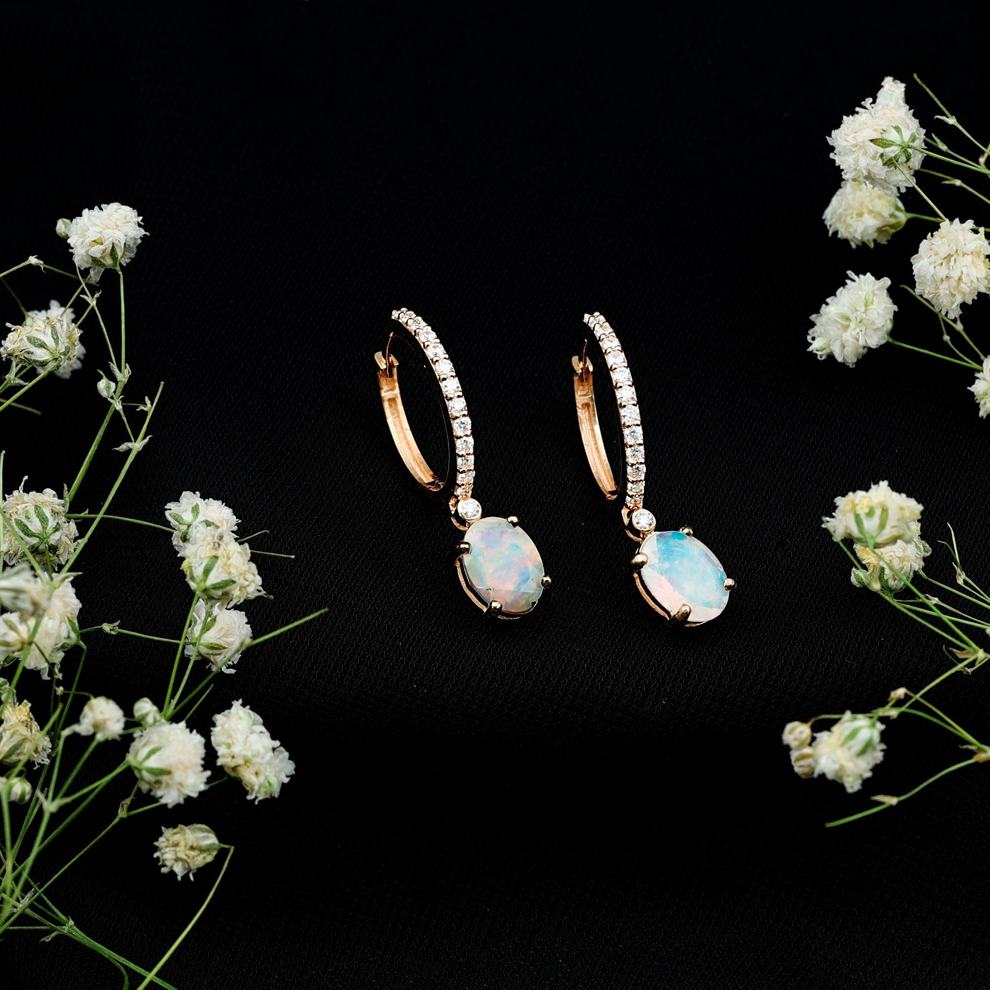 Ethiopian Opal Earrings – Oval Opal Drop Earrings with Sparkling Moissanite Hoops