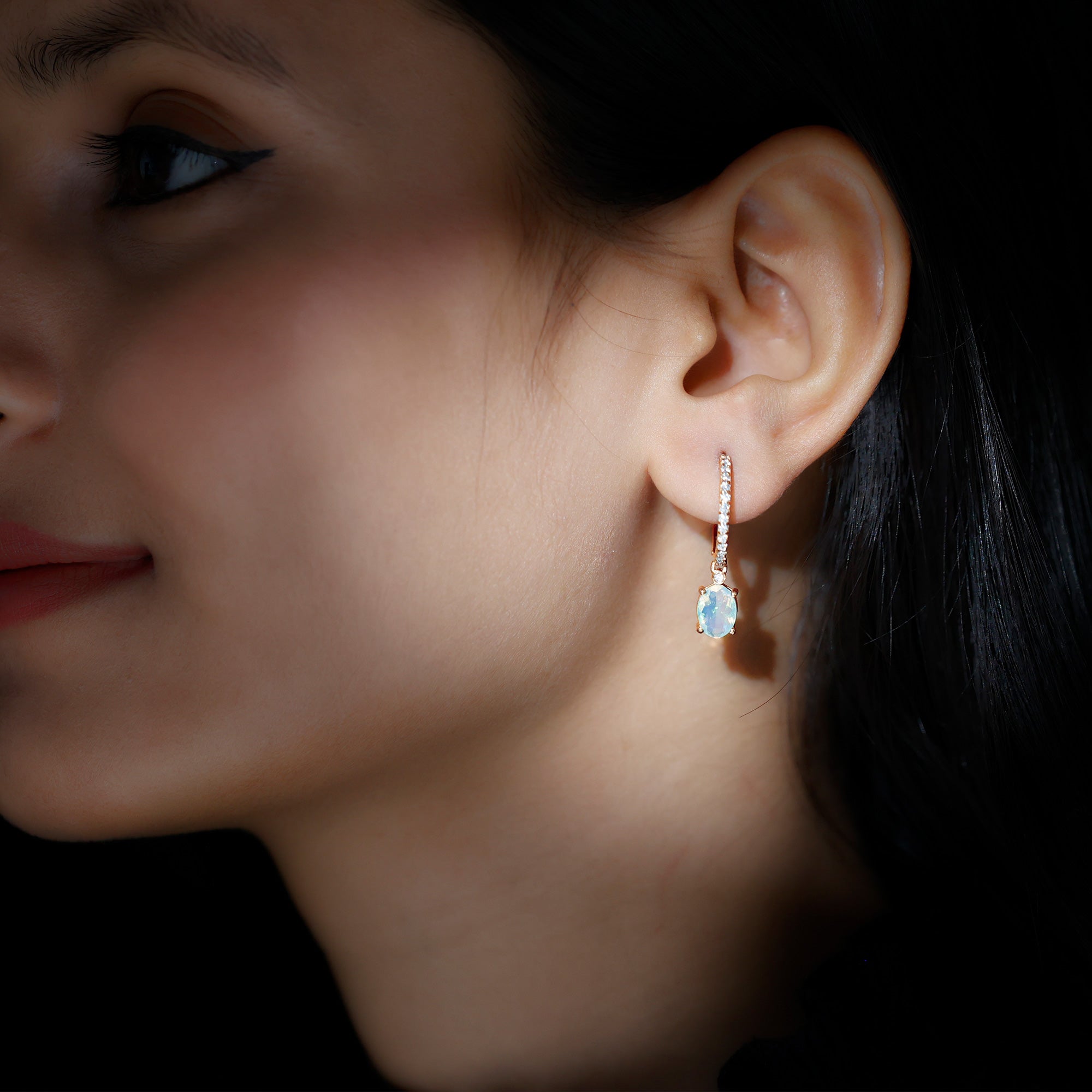 Ethiopian Opal Earrings – Oval Opal Drop Earrings with Sparkling Moissanite Hoops
