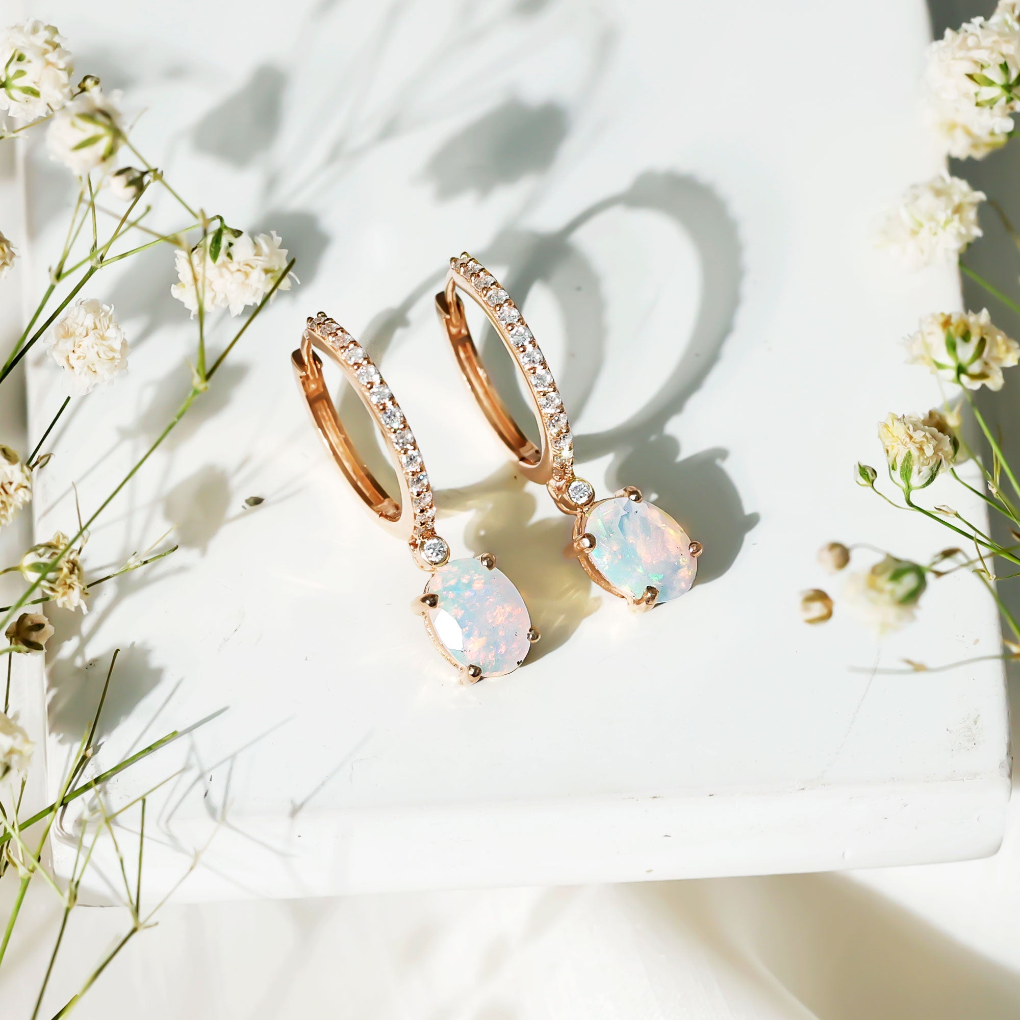 Ethiopian Opal Earrings – Oval Opal Drop Earrings with Sparkling Moissanite Hoops