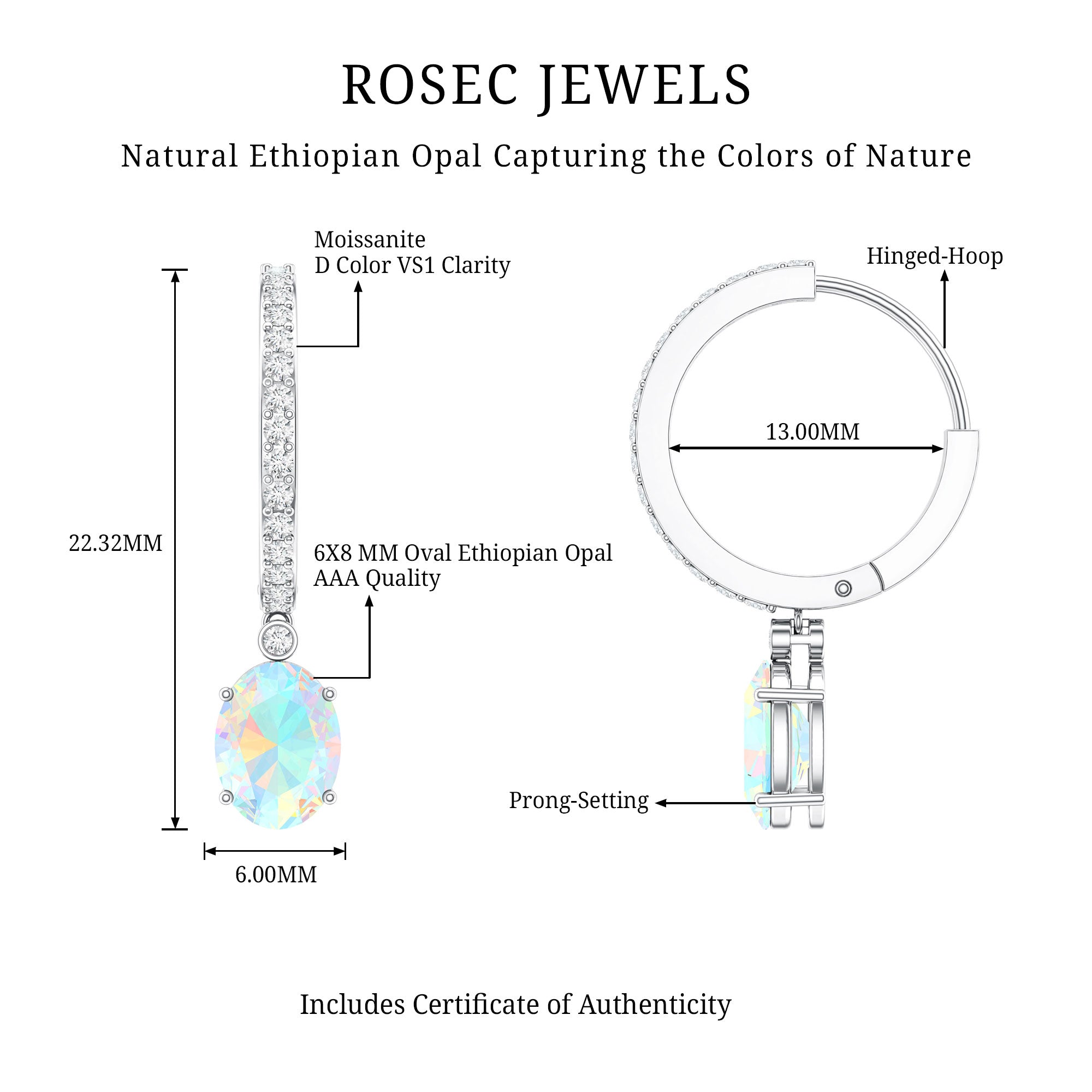 Ethiopian Opal Earrings – Oval Opal Drop Earrings with Sparkling Moissanite Hoops