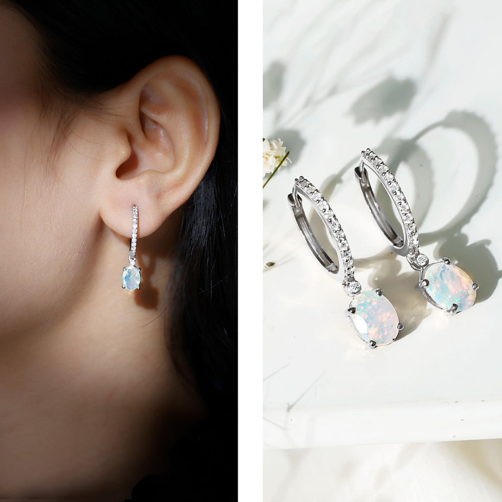 Ethiopian Opal Earrings – Oval Opal Drop Earrings with Sparkling Moissanite Hoops