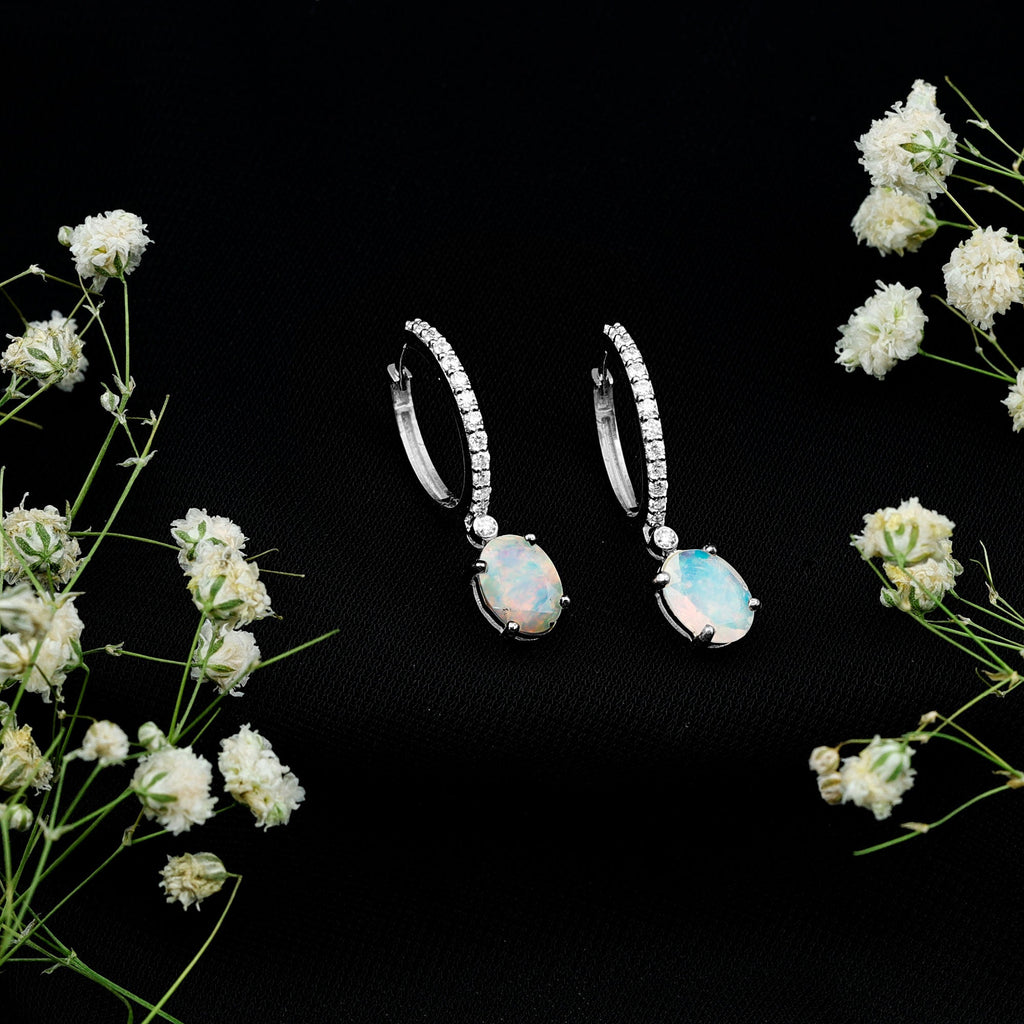 Ethiopian Opal Earrings – Oval Opal Drop Earrings with Sparkling Moissanite Hoops