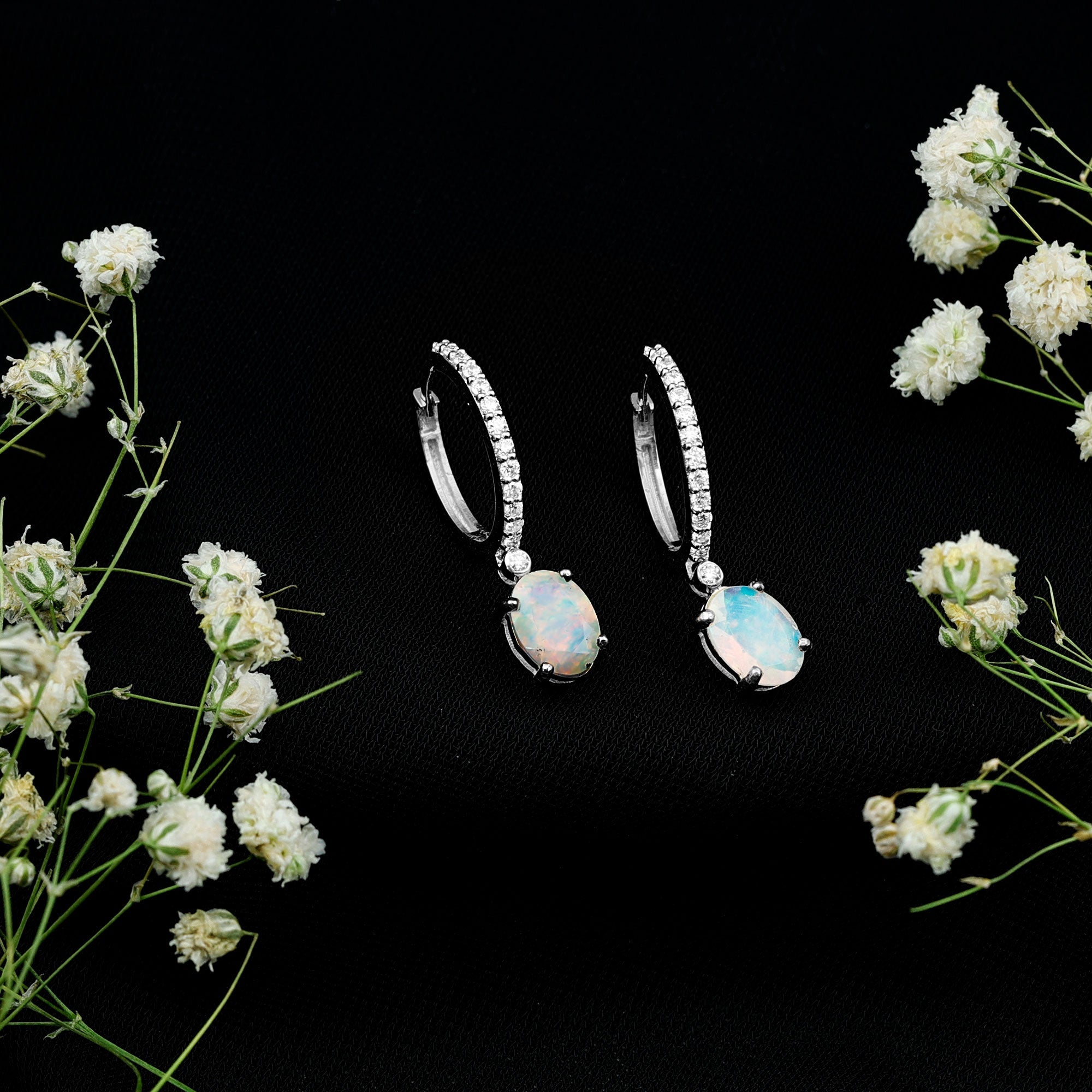 Ethiopian Opal Earrings – Oval Opal Drop Earrings with Sparkling Moissanite Hoops