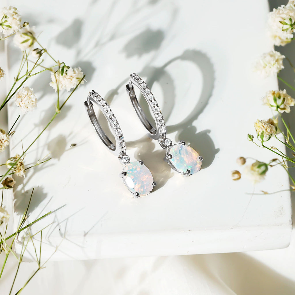 Ethiopian Opal Earrings – Oval Opal Drop Earrings with Sparkling Moissanite Hoops