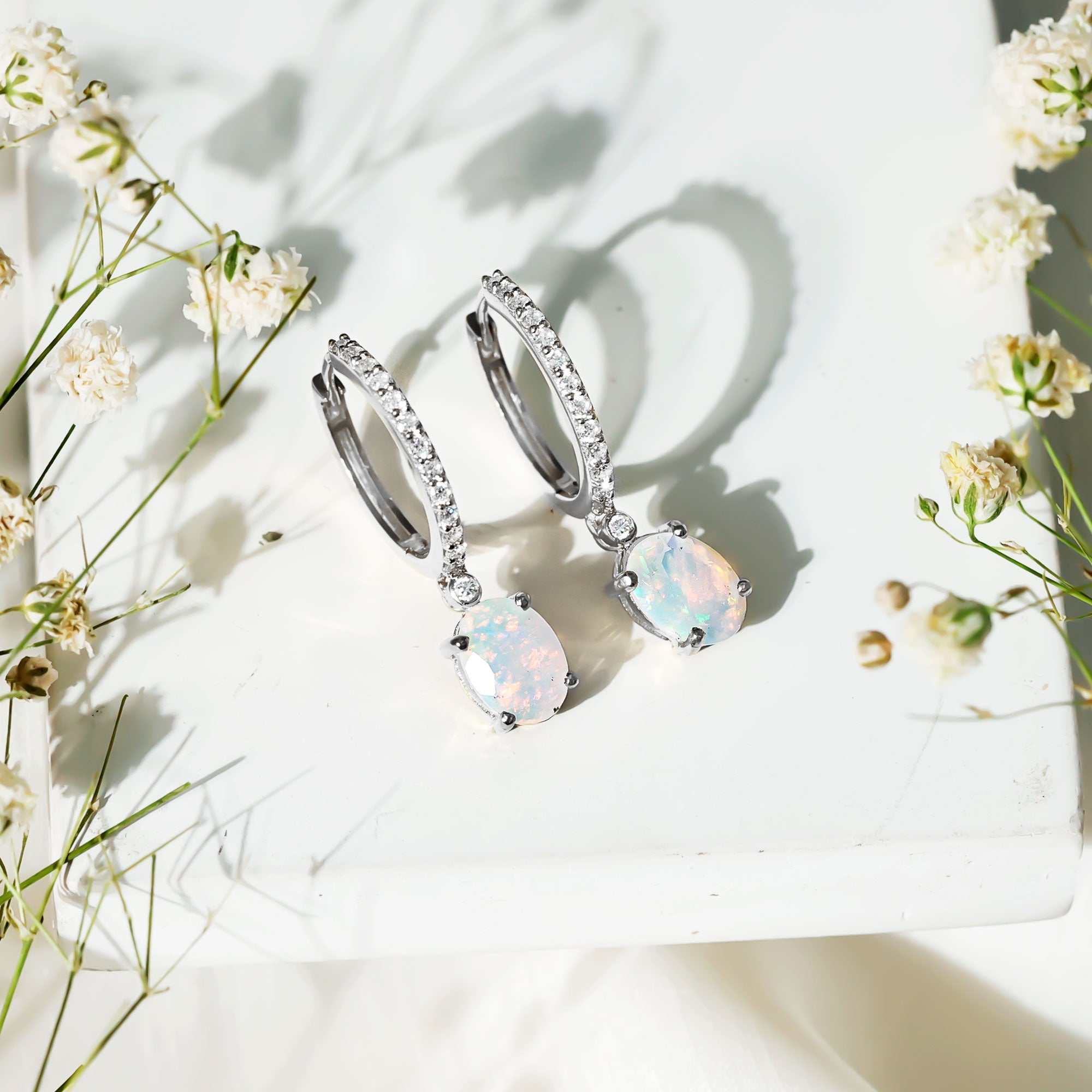 Ethiopian Opal Earrings – Oval Opal Drop Earrings with Sparkling Moissanite Hoops