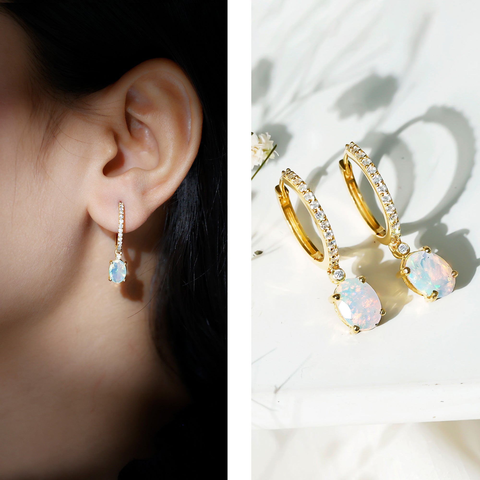 Ethiopian Opal Earrings – Oval Opal Drop Earrings with Sparkling Moissanite Hoops