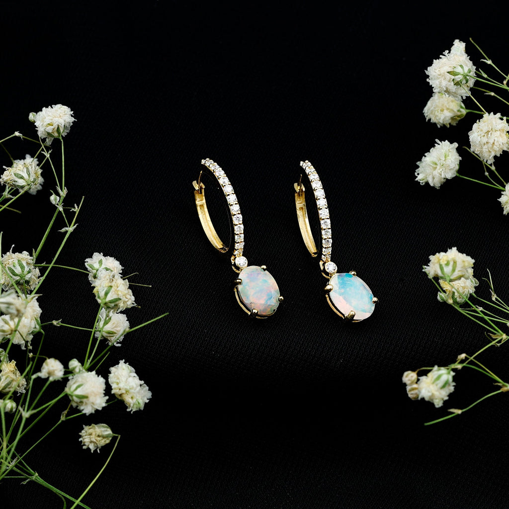 Ethiopian Opal Earrings – Oval Opal Drop Earrings with Sparkling Moissanite Hoops
