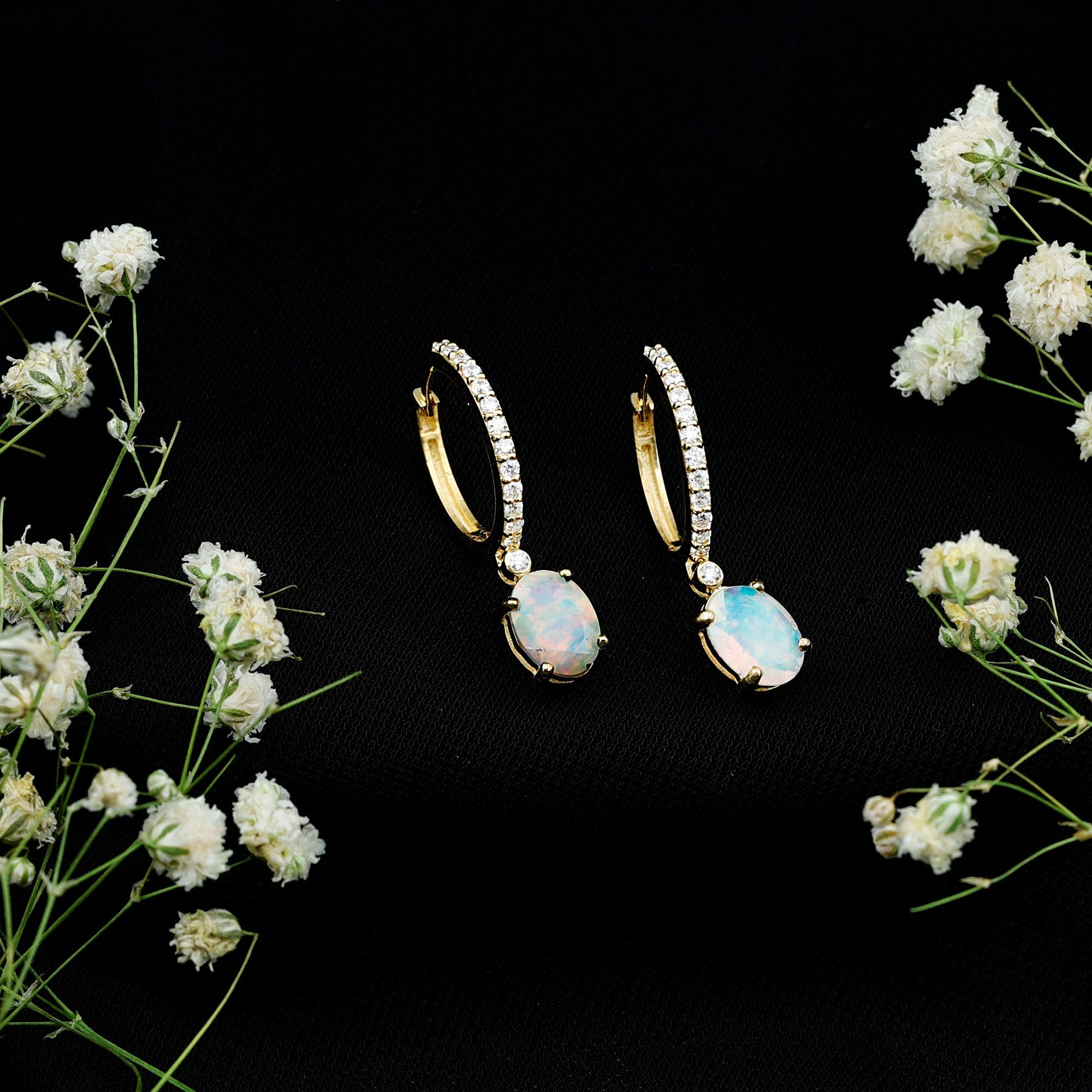 Ethiopian Opal Earrings – Oval Opal Drop Earrings with Sparkling Moissanite Hoops
