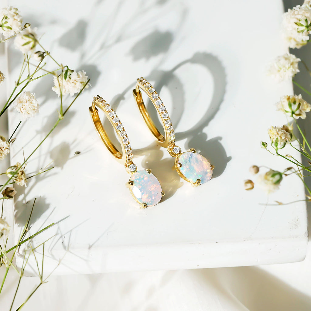 Ethiopian Opal Earrings – Oval Opal Drop Earrings with Sparkling Moissanite Hoops