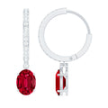 Oval Cut Lab Created Ruby Hoop Drop Earrings with Diamonds