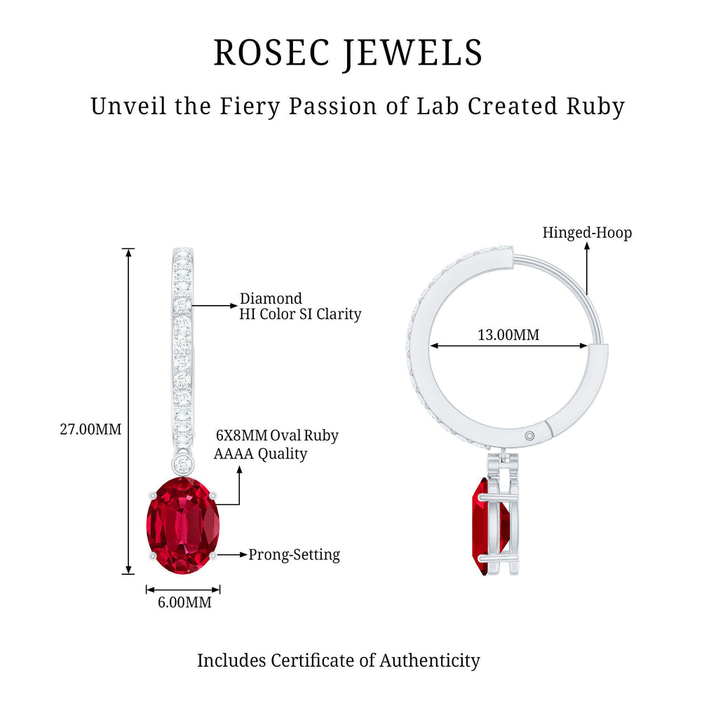 Oval Cut Lab Created Ruby Hoop Drop Earrings with Diamonds