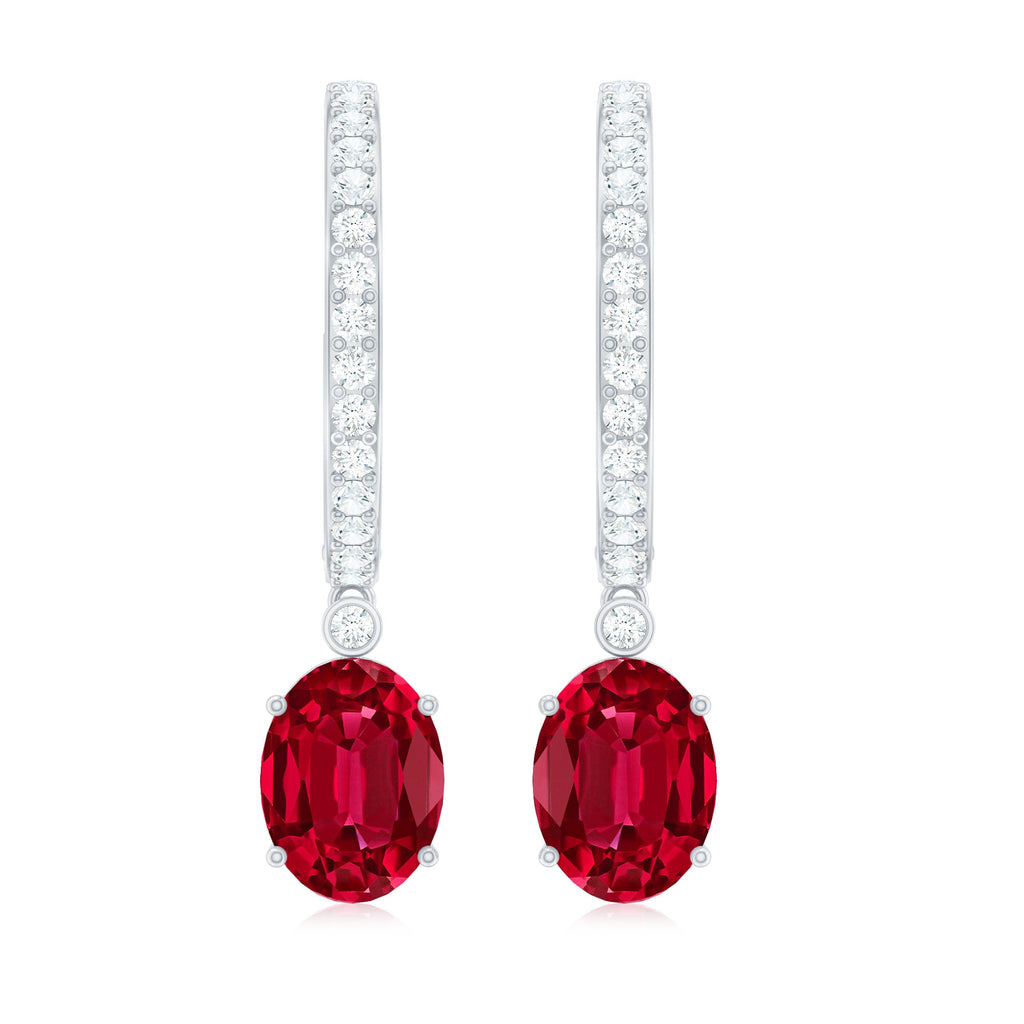 Oval Cut Lab Created Ruby Hoop Drop Earrings with Diamonds