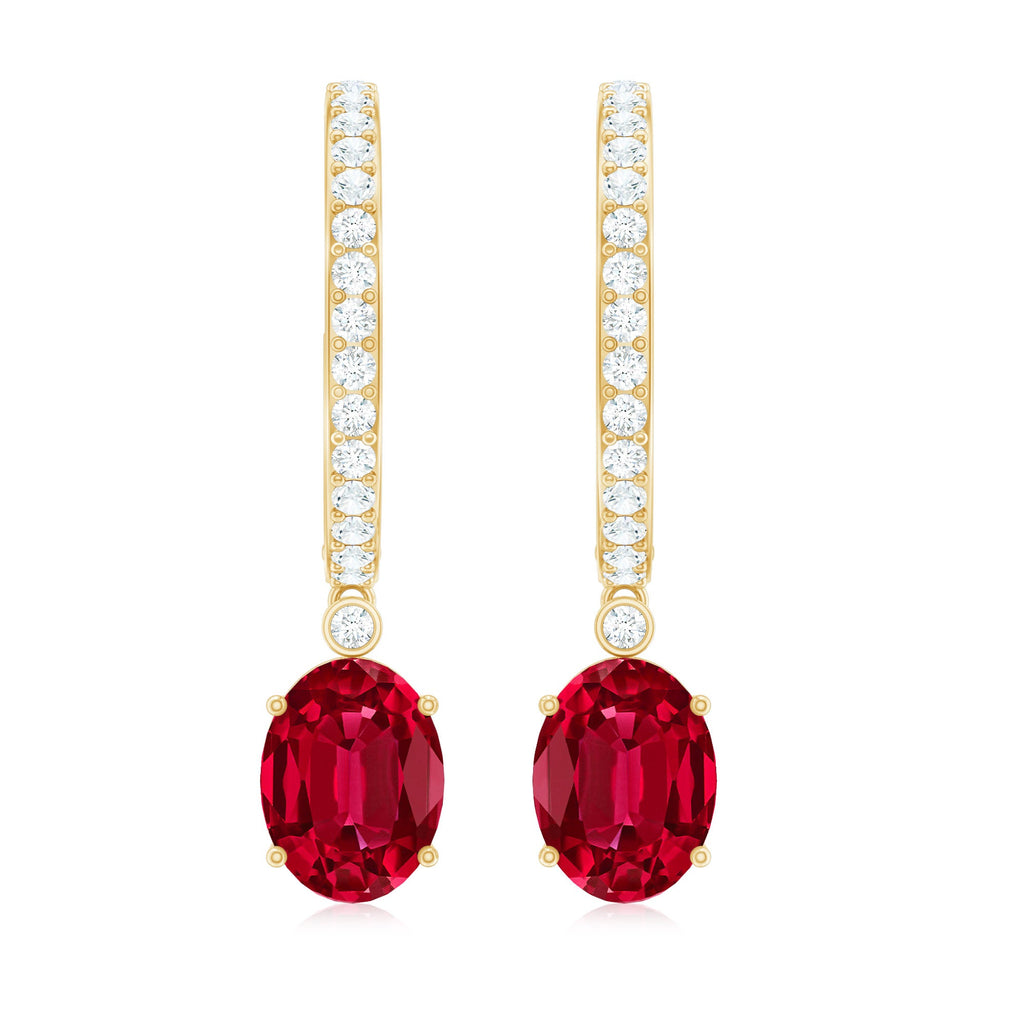 Oval Cut Lab Created Ruby Hoop Drop Earrings with Diamonds