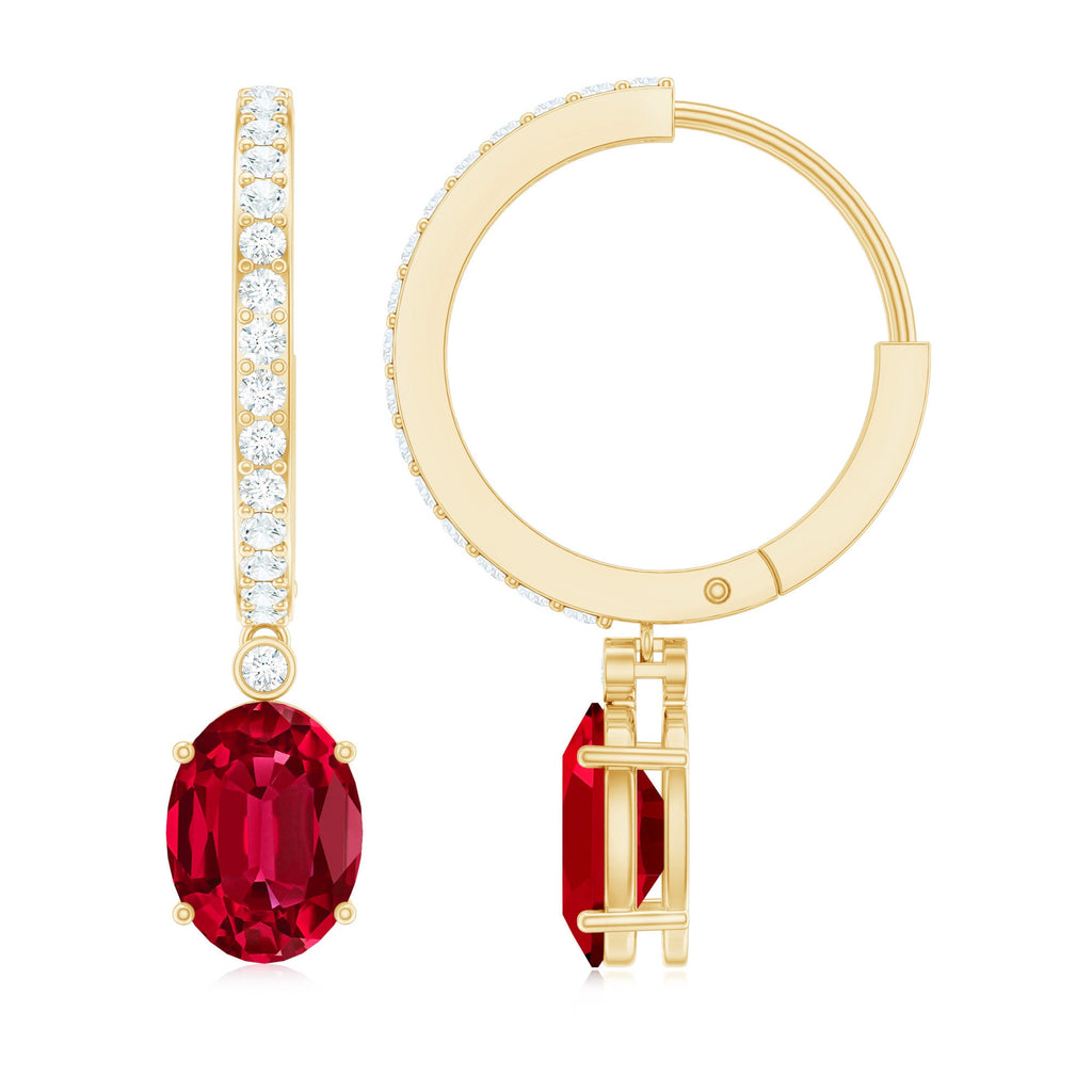 Oval Cut Lab Created Ruby Hoop Drop Earrings with Diamonds