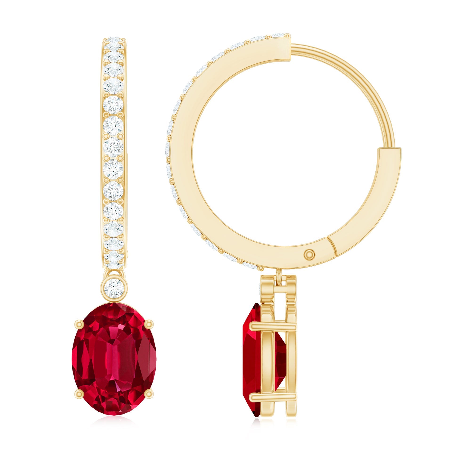 Oval Cut Lab Created Ruby Hoop Drop Earrings with Diamonds