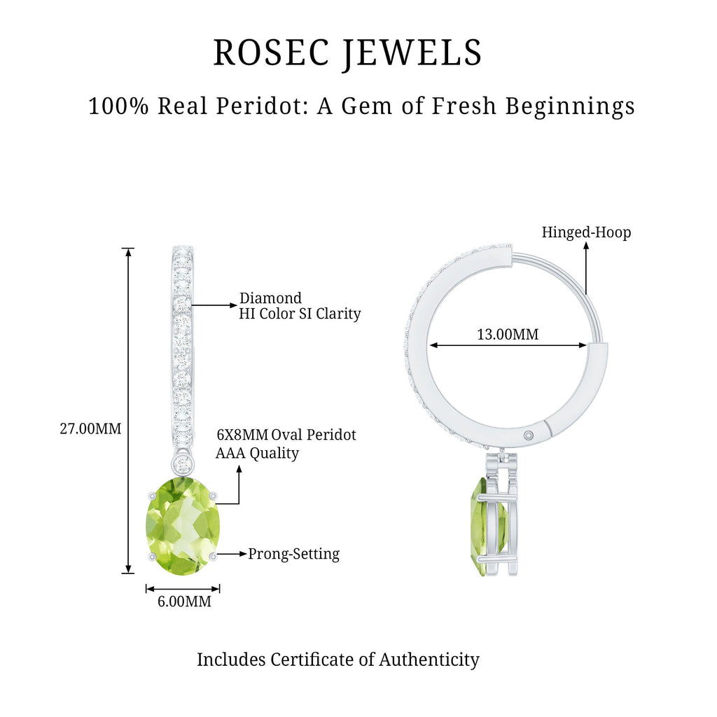 Natural 2.2 Carat Peridot Drop Hoop Earrings with Diamond