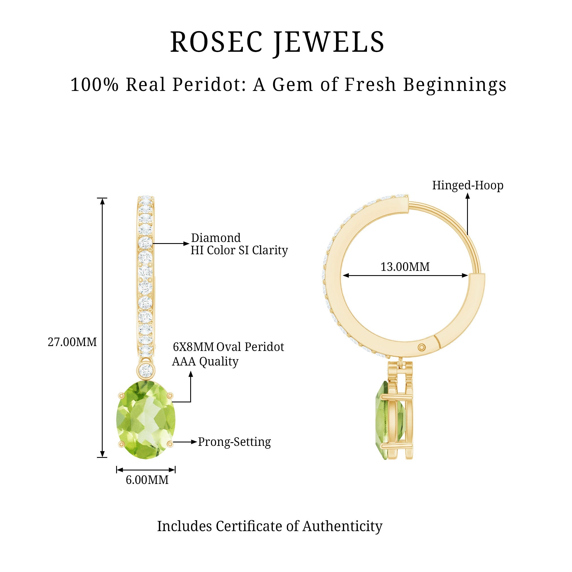 Natural 2.2 Carat Peridot Drop Hoop Earrings with Diamond