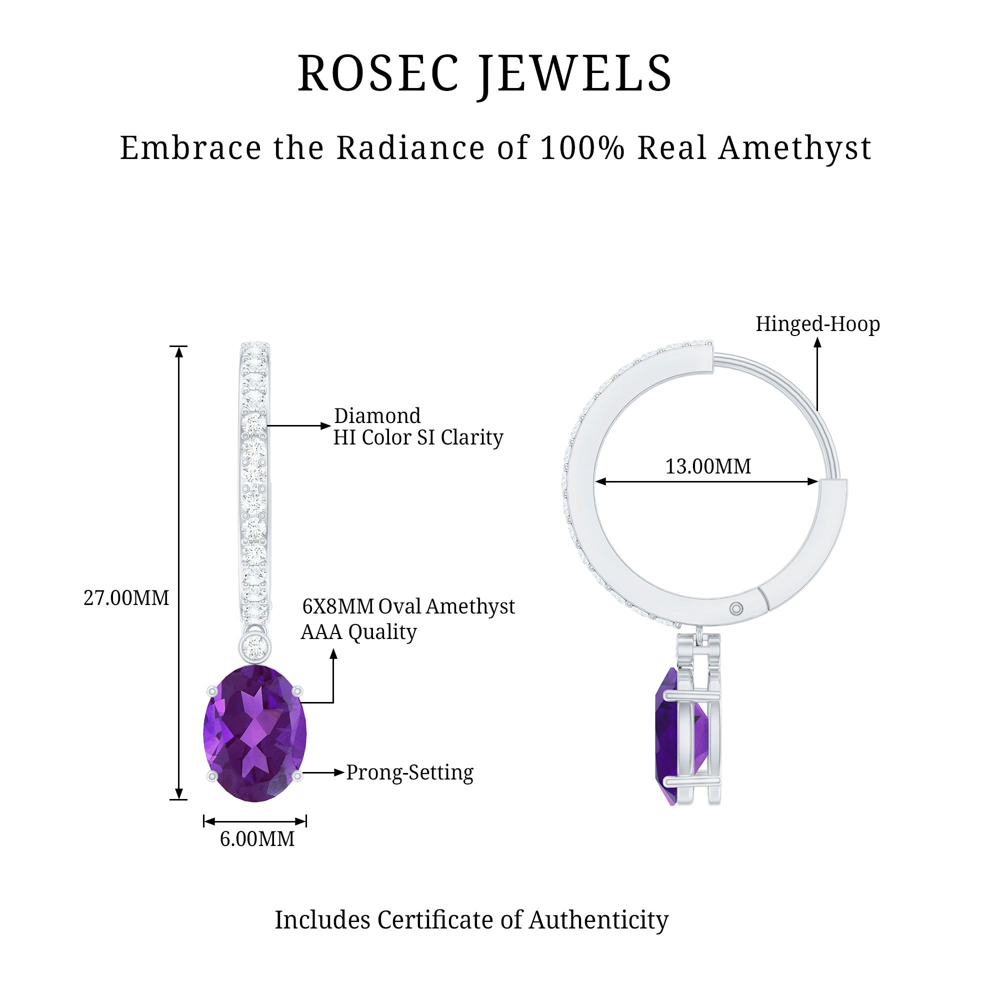 Amethyst Diamond Earrings – Oval Amethyst Hoop Dangle With Sparkling Diamonds