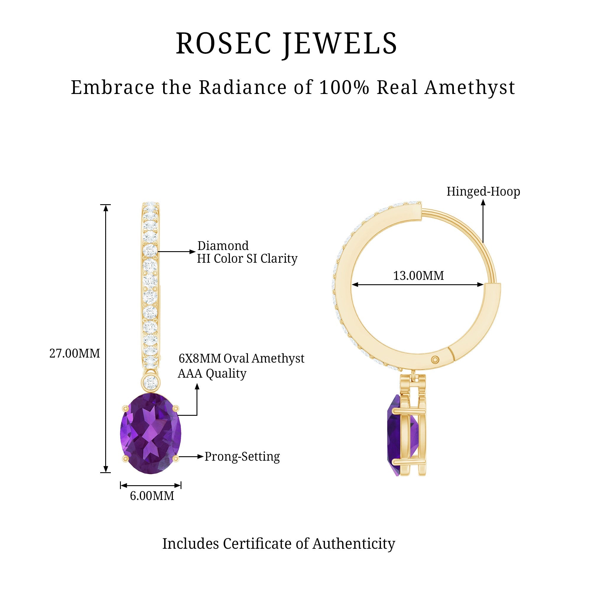 Amethyst Diamond Earrings – Oval Amethyst Hoop Dangle With Sparkling Diamonds