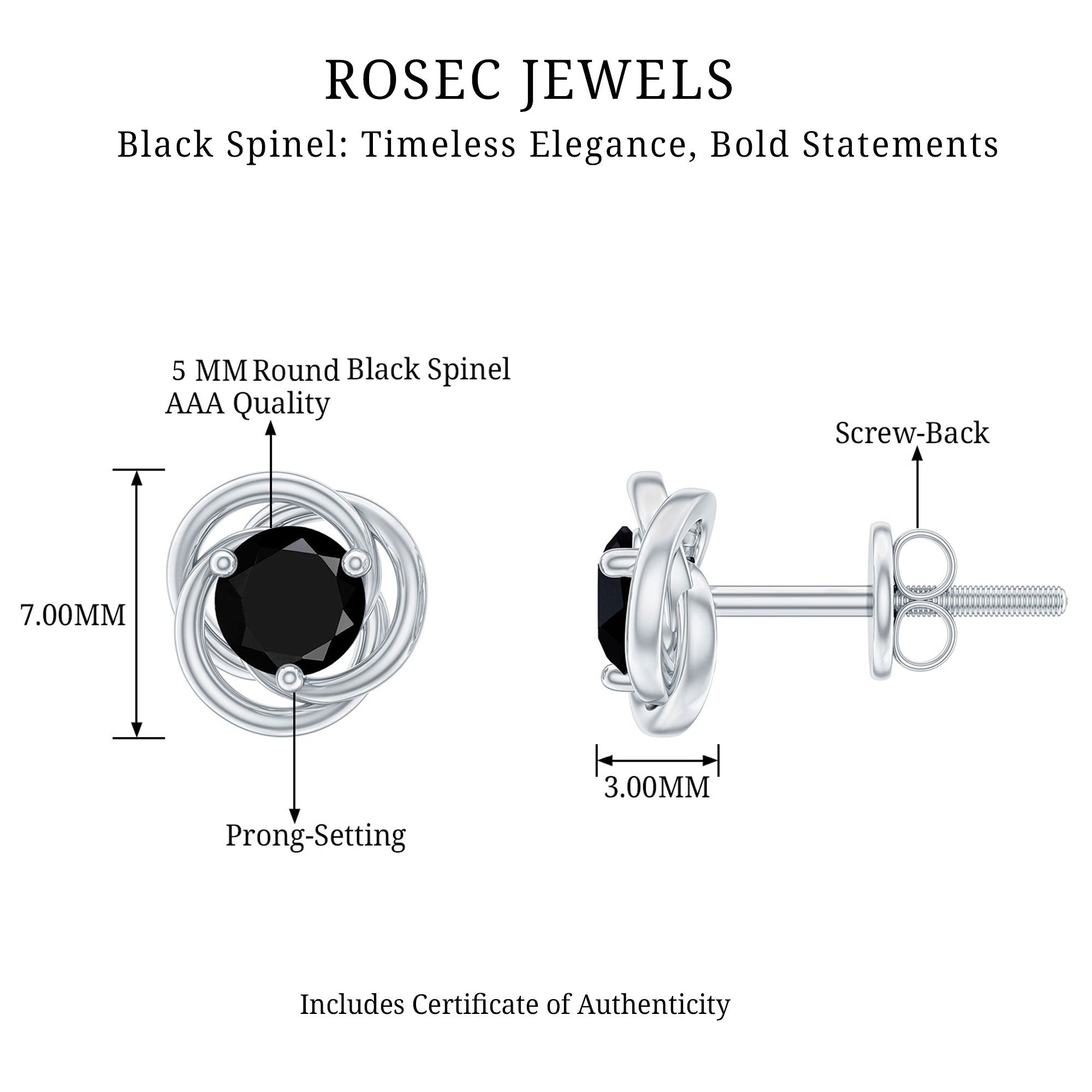 0.9 Carat Black Spinel Swirl Stud Earrings with Screw Backs