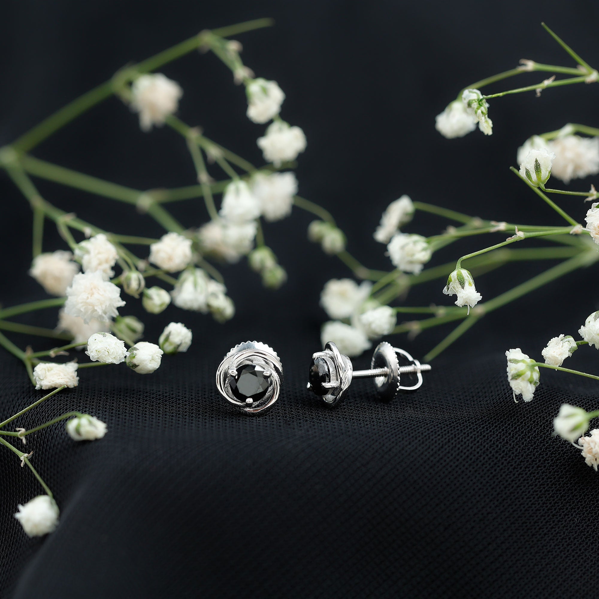 0.9 Carat Black Spinel Swirl Stud Earrings with Screw Backs