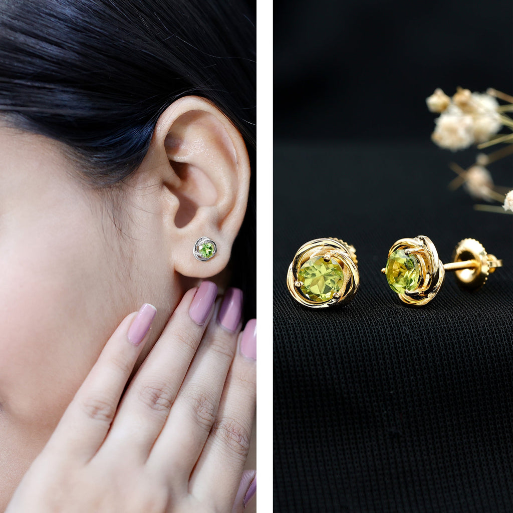 Peridot Stud Earrings – AAA Quality Round Cut Green Gemstone With Swirl Design