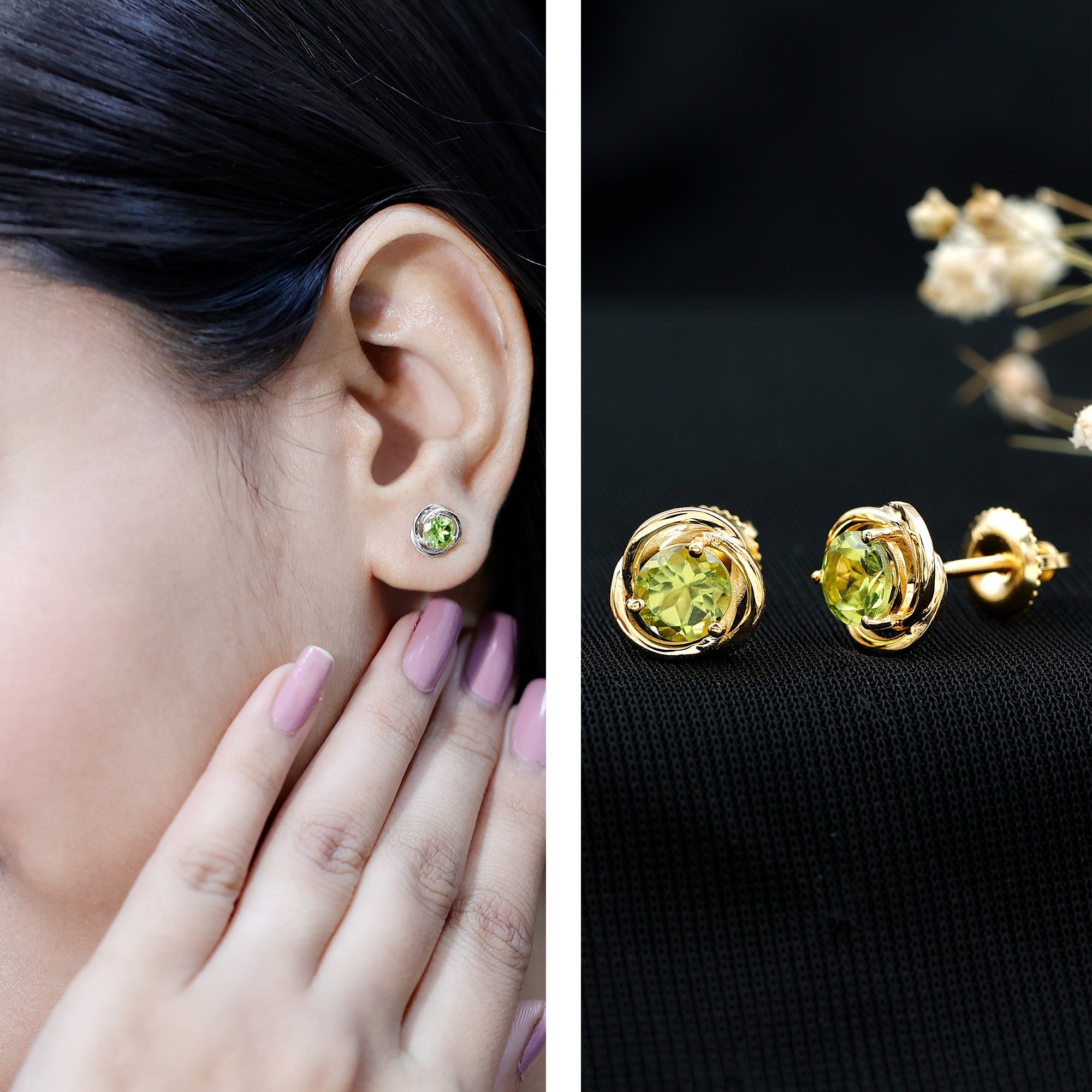 Peridot Stud Earrings – AAA Quality Round Cut Green Gemstone With Swirl Design