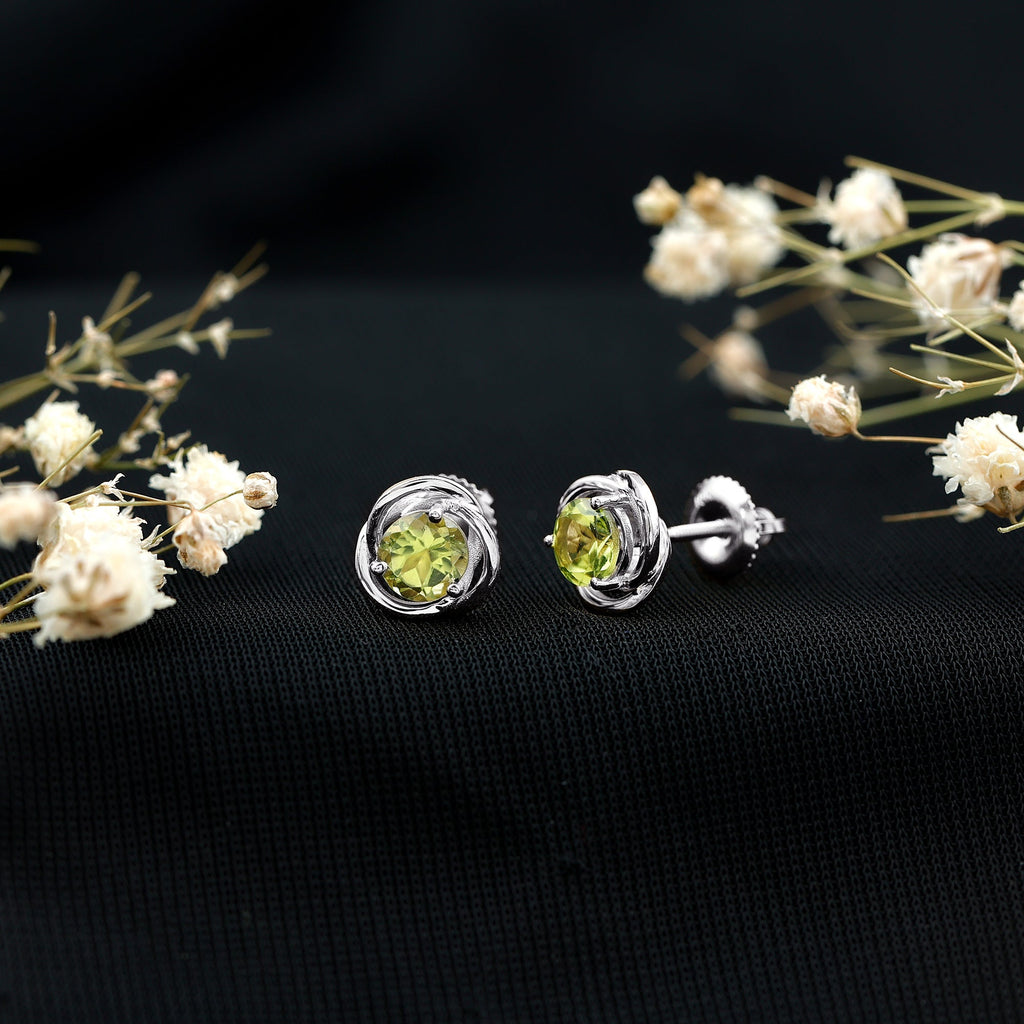 Peridot Stud Earrings – AAA Quality Round Cut Green Gemstone With Swirl Design
