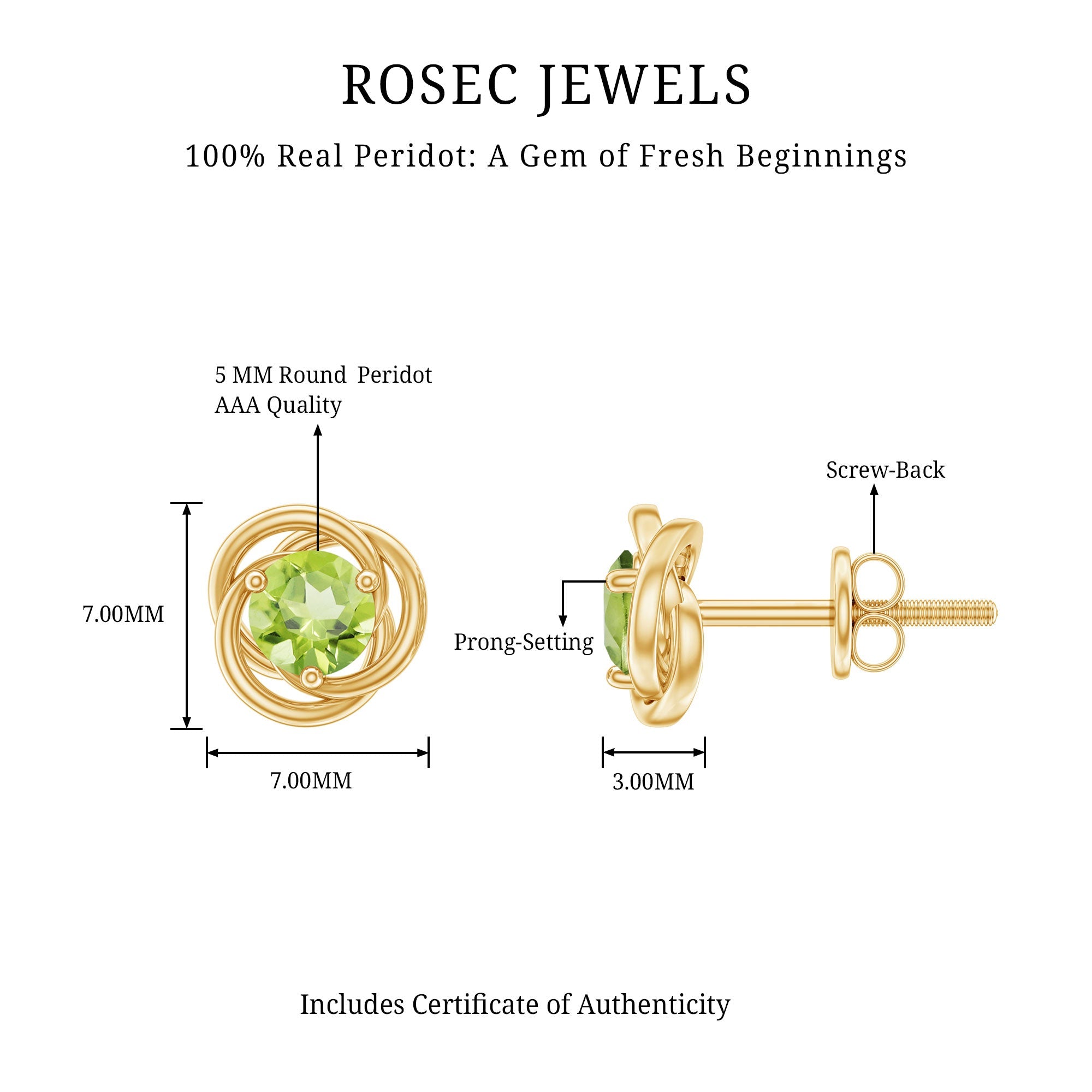 Peridot Stud Earrings – AAA Quality Round Cut Green Gemstone With Swirl Design