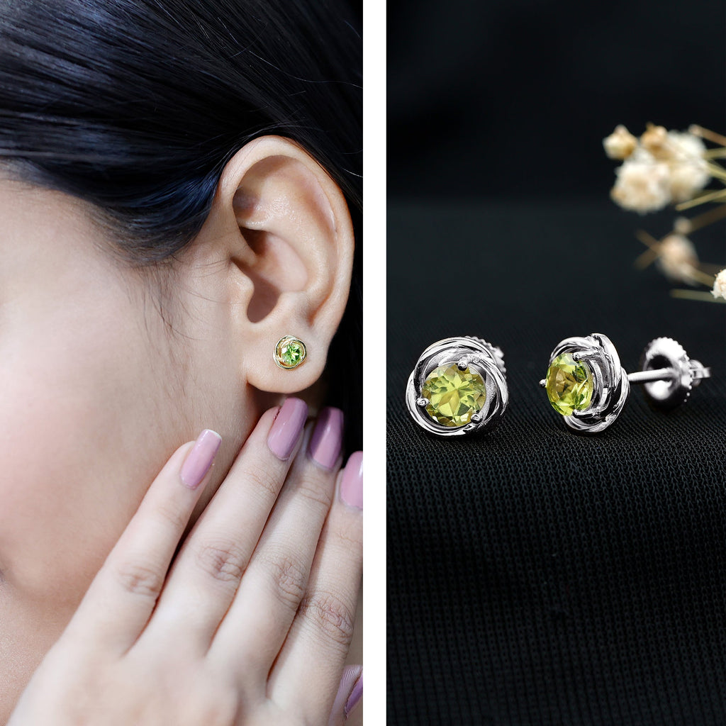Peridot Stud Earrings – AAA Quality Round Cut Green Gemstone With Swirl Design