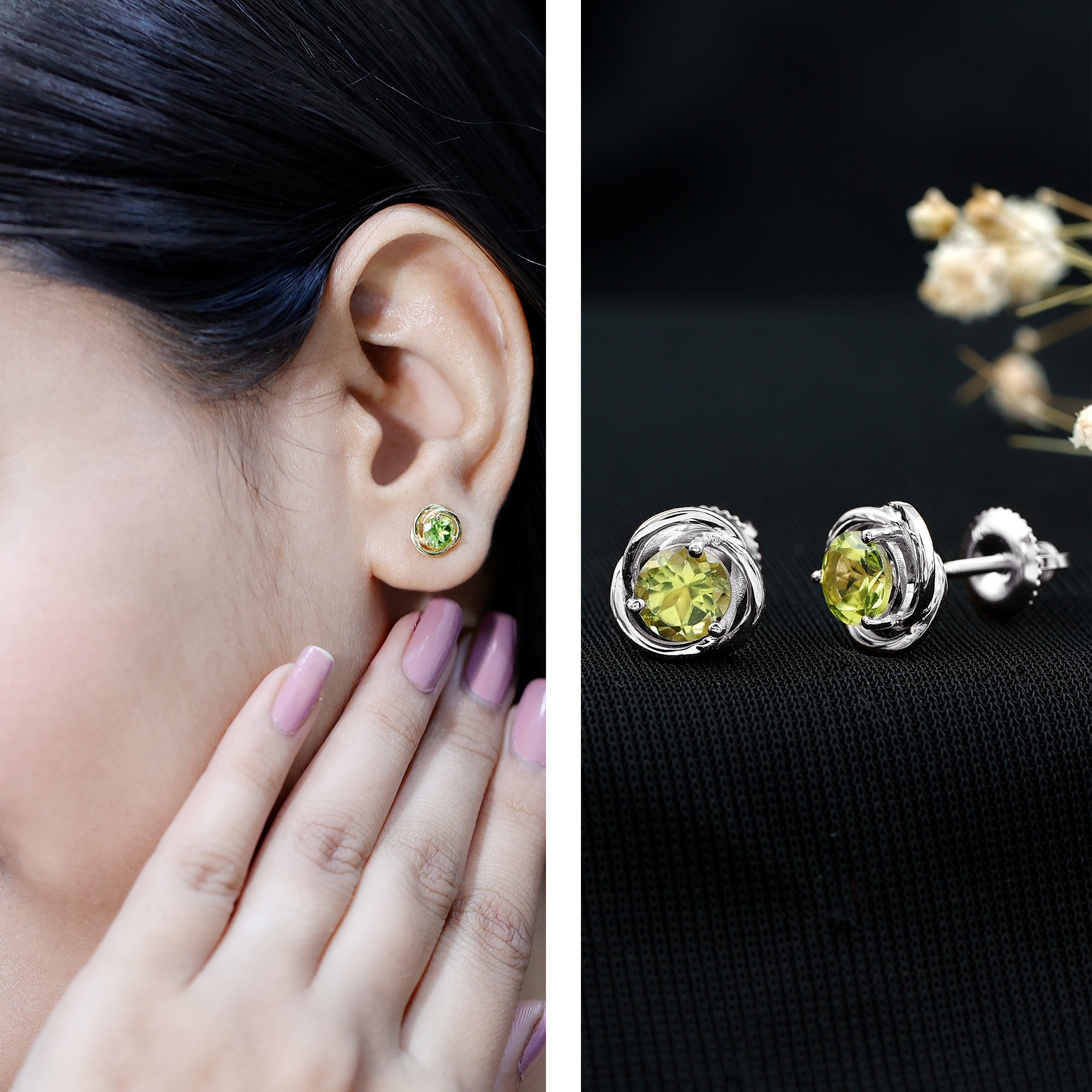 Peridot Stud Earrings – AAA Quality Round Cut Green Gemstone With Swirl Design