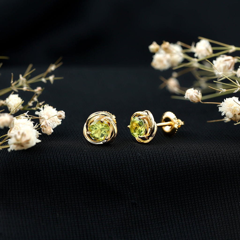 Peridot Stud Earrings – AAA Quality Round Cut Green Gemstone With Swirl Design