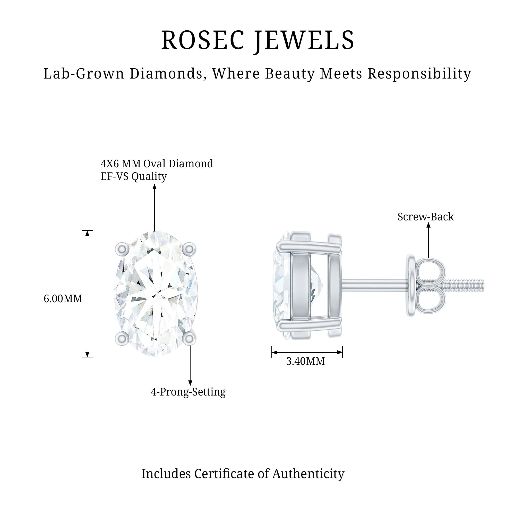 Oval Lab Diamond Earrings – 4x6 MM Oval Solitaire Studs | Certified Fine Jewelry