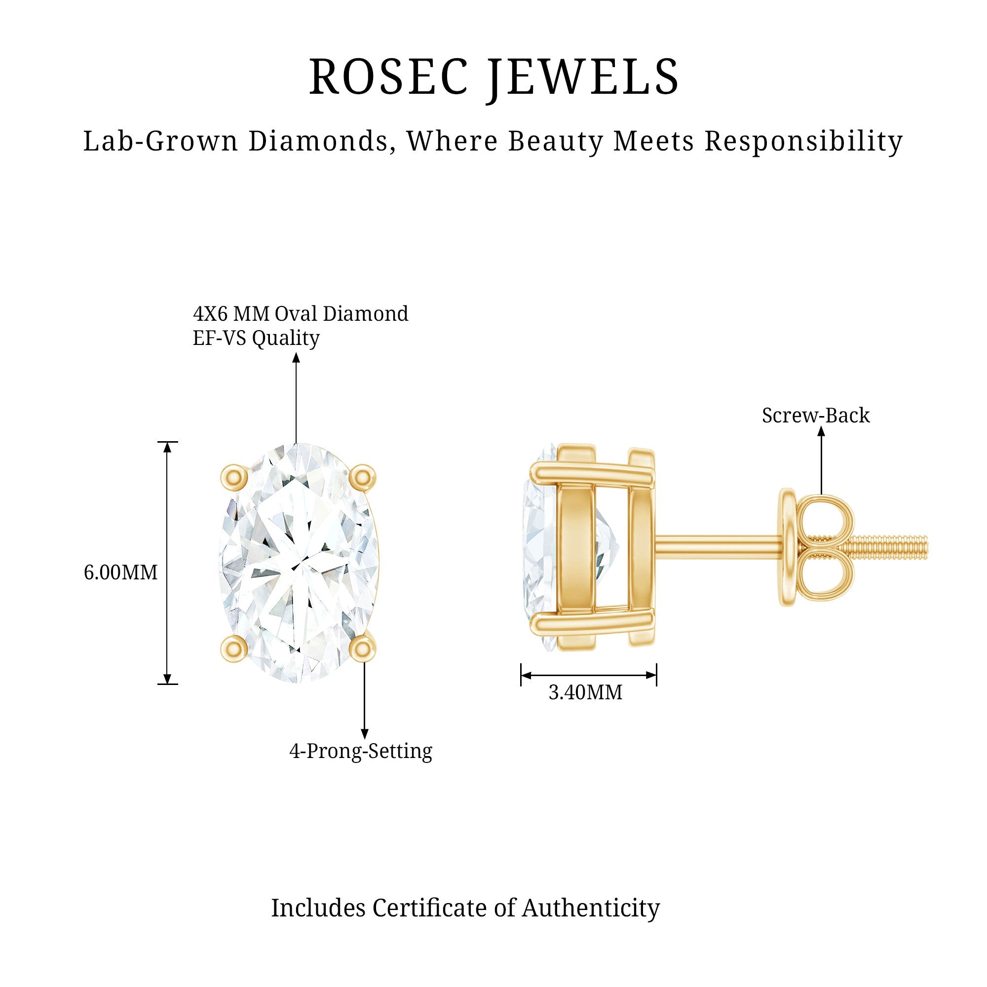 Oval Lab Diamond Earrings – 4x6 MM Oval Solitaire Studs | Certified Fine Jewelry