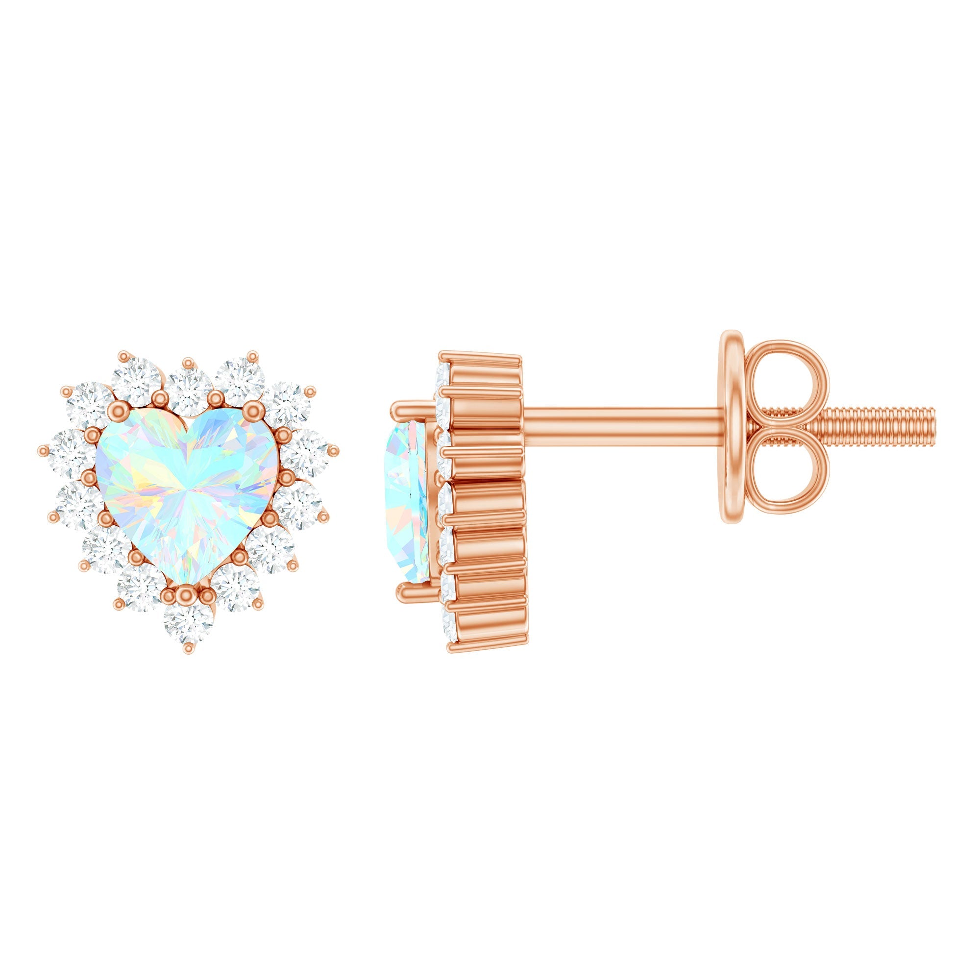 Ethiopian Opal Earrings – Heart Shaped 6mm Opal Stud with Diamond Halo Design