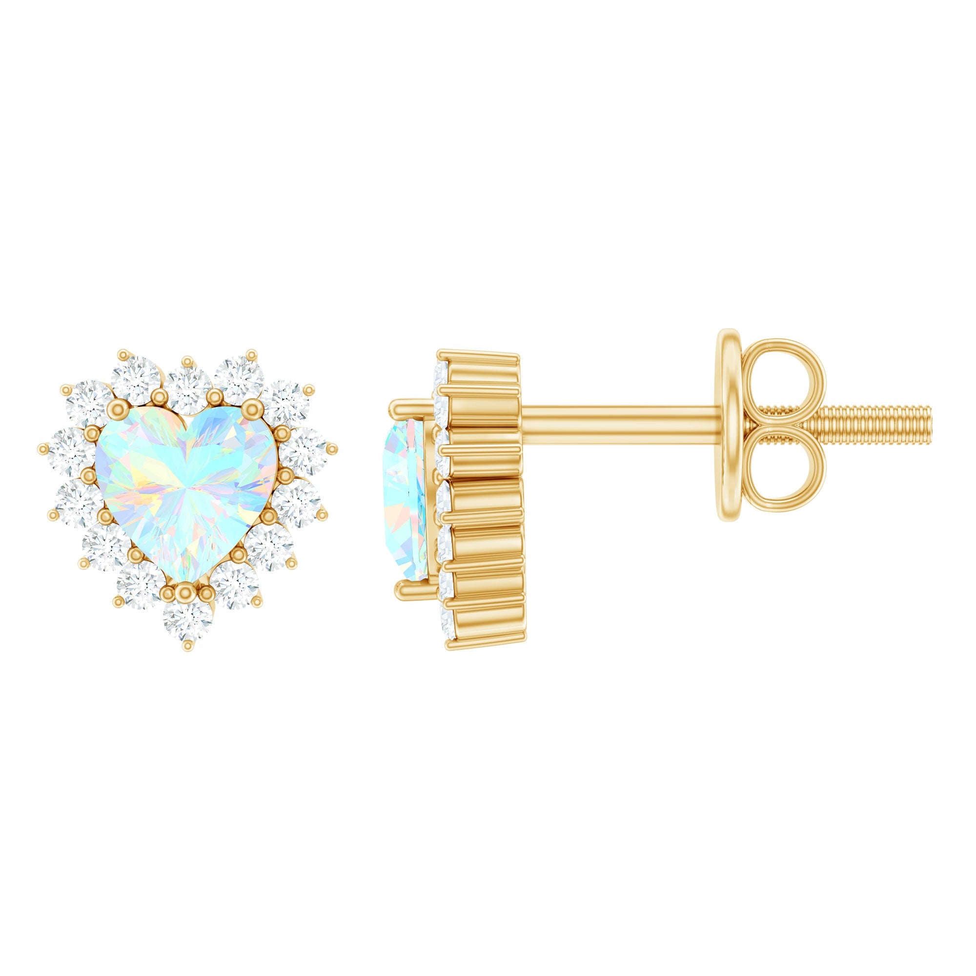 Ethiopian Opal Earrings – Heart Shaped 6mm Opal Stud with Diamond Halo Design