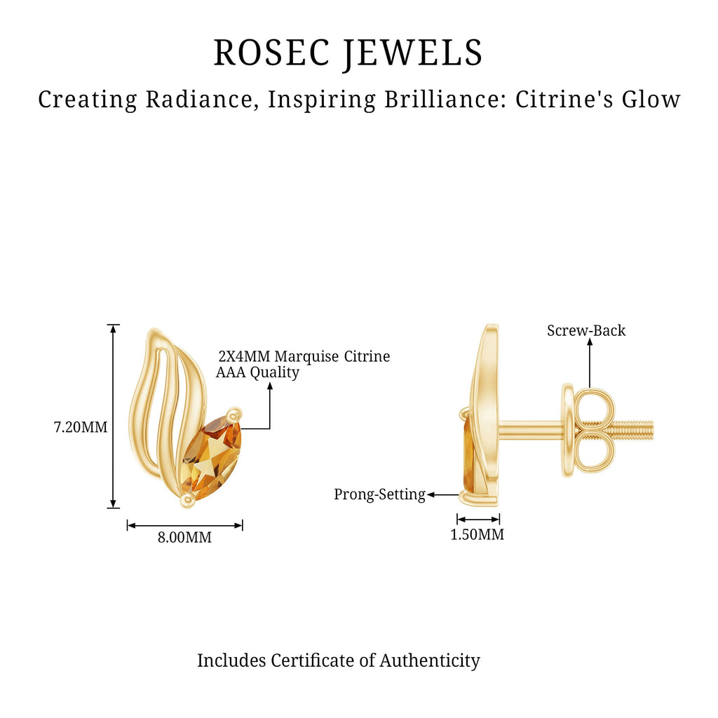 Citrine Leaf Earrings – Gold Plated Earrings With Marquise Cut Citrine Stone